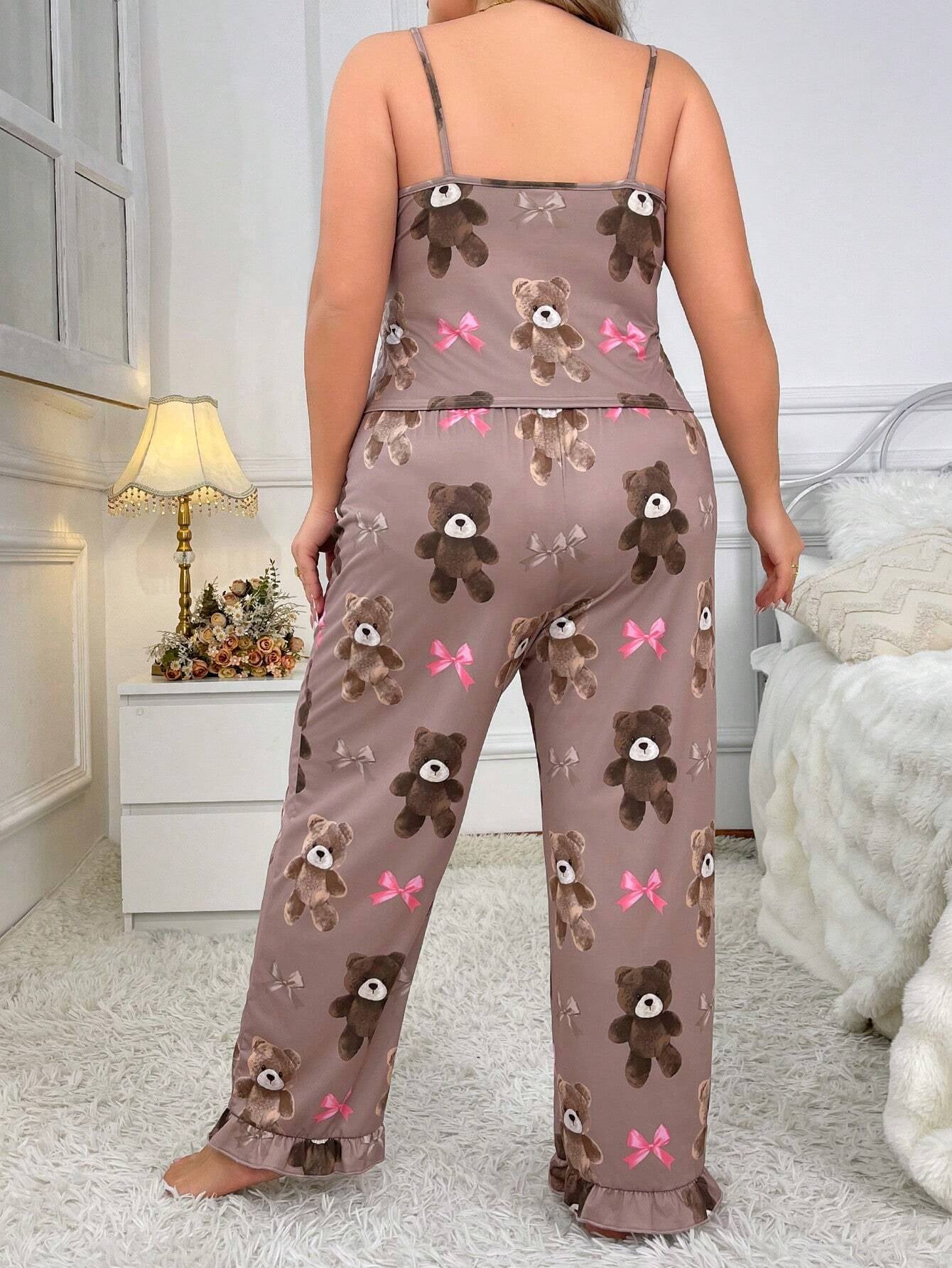 Plus Size Women'S Bear Printed Camisole Top and Pants Pajamas Set
