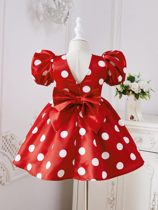 Young Girl Polka Dot Print Puff Sleeve Dress with Bow