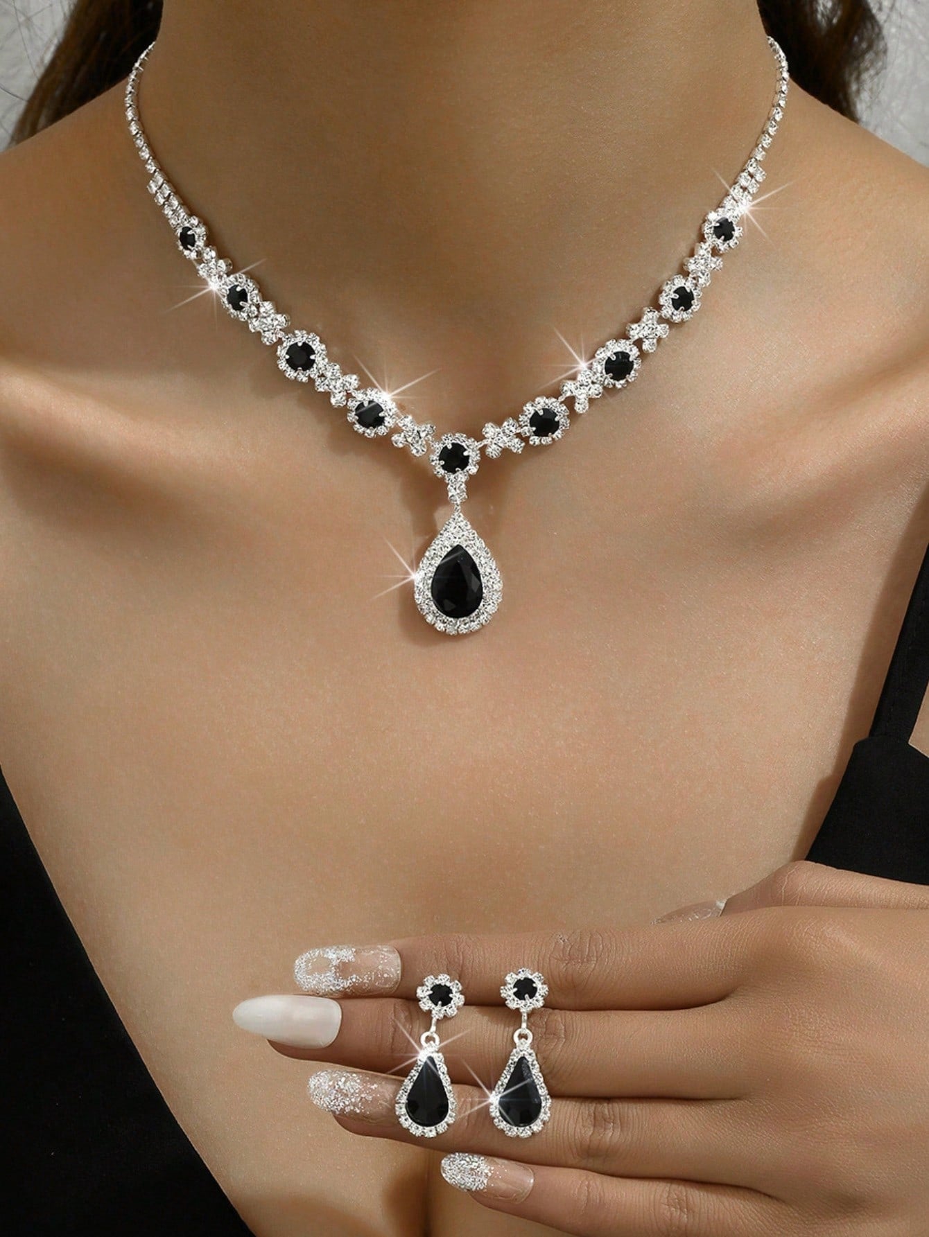 3Pcs Wedding Women'S Fashion Jewelry Set Tassel Rhinestone Earrings Necklace Luxury Party Fashion Accessories