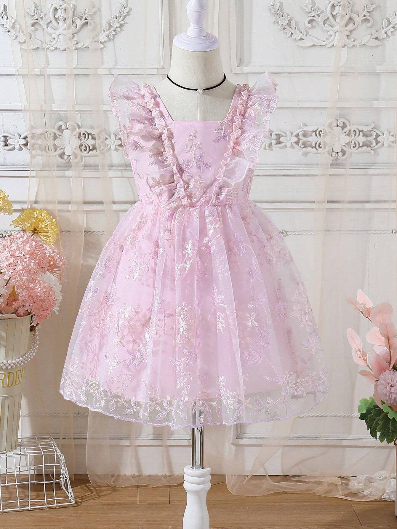 Young Girl'S Elegant Flower Embroidered Mesh Sleeveless Dress with Ruffle Trim, Perfect for Wedding, Birthday Party, Holiday, Sweet Summer Outfits