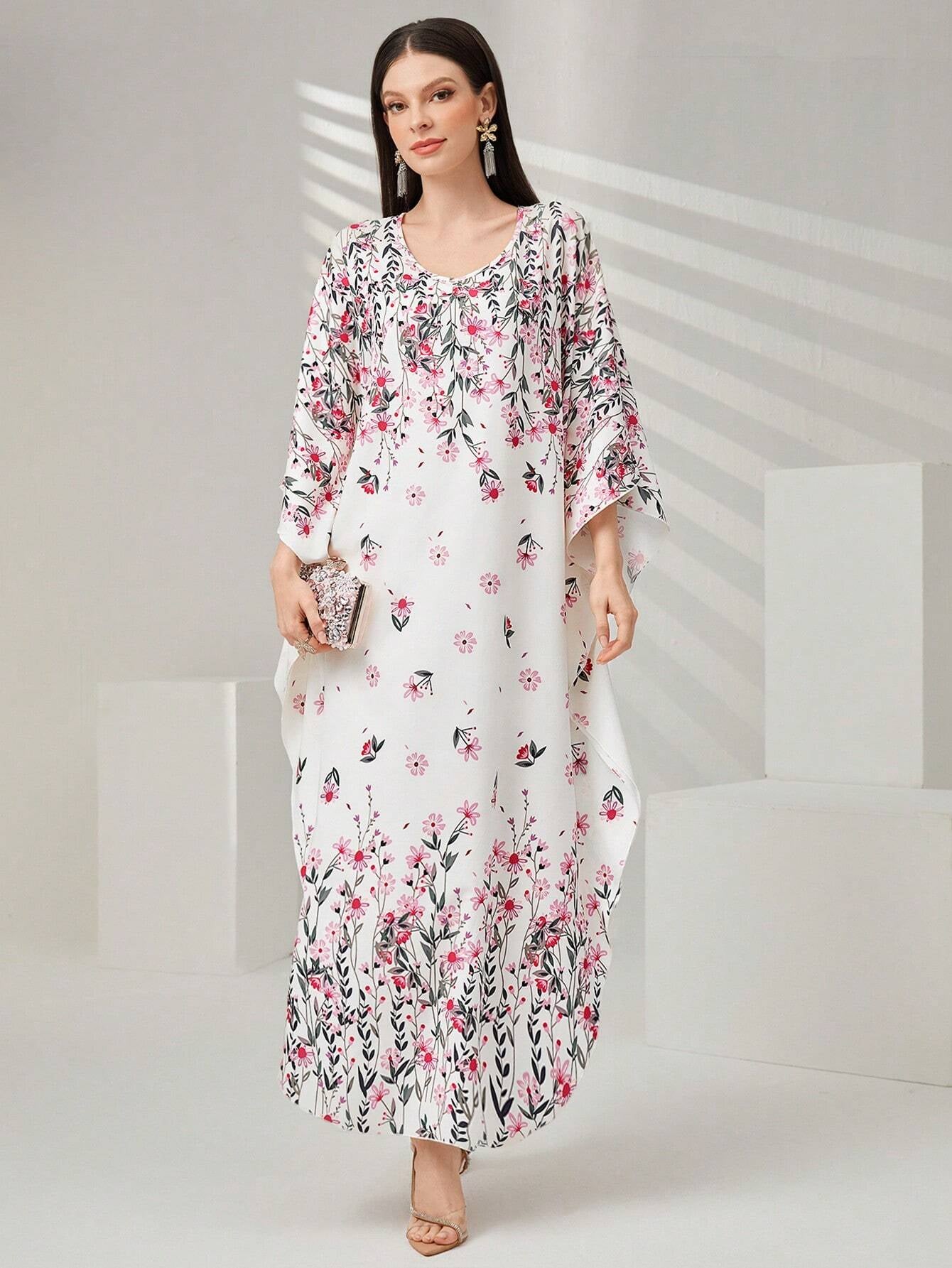 Najma Women'S Floral Print Batwing Sleeve Turkish Long Shirt