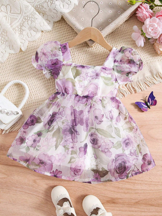 Baby Girls' Rose Printed Organza Bubble Sleeve Dress