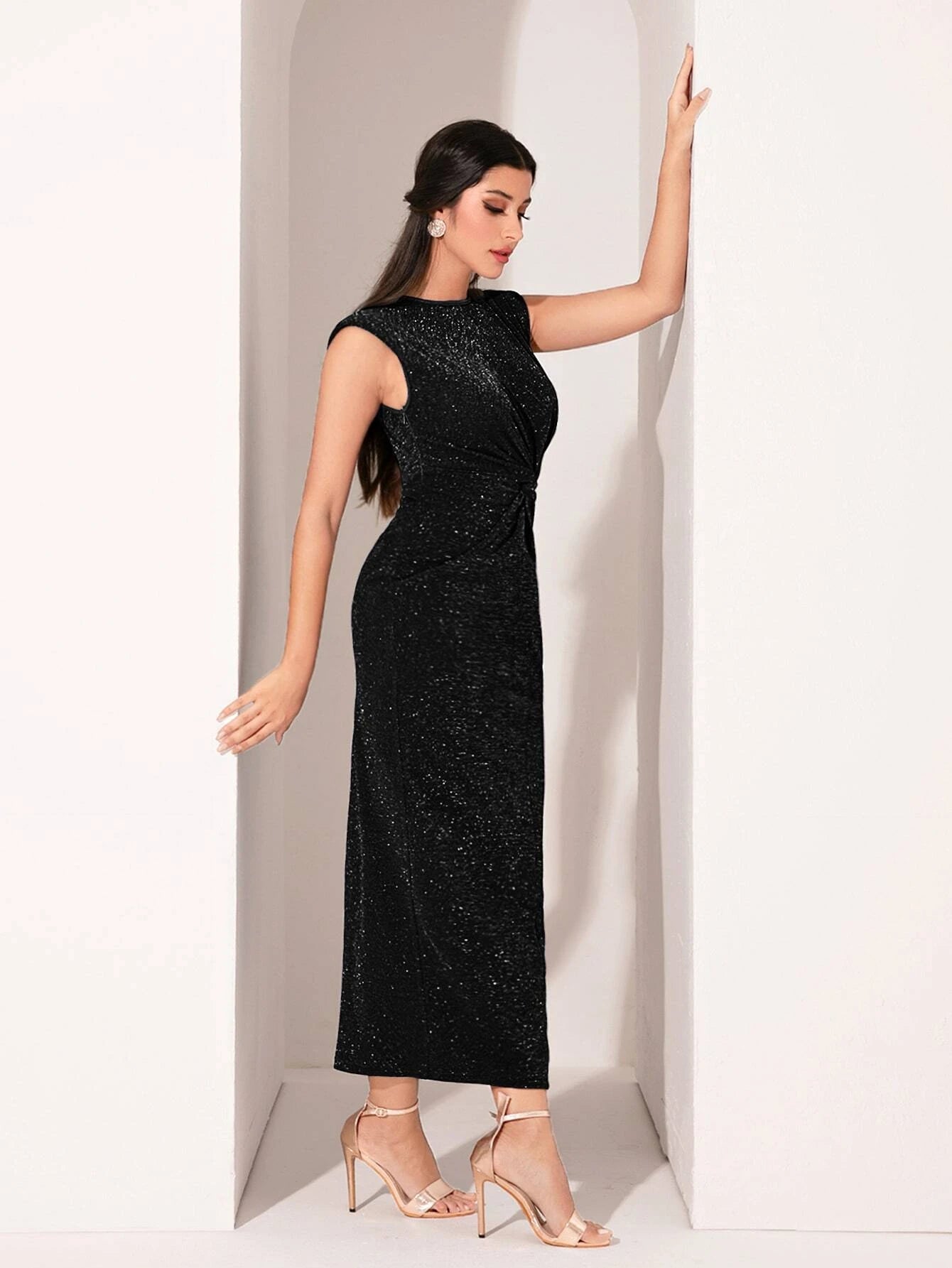 Modely Shoulder Pad Twist Front Glitter Dress