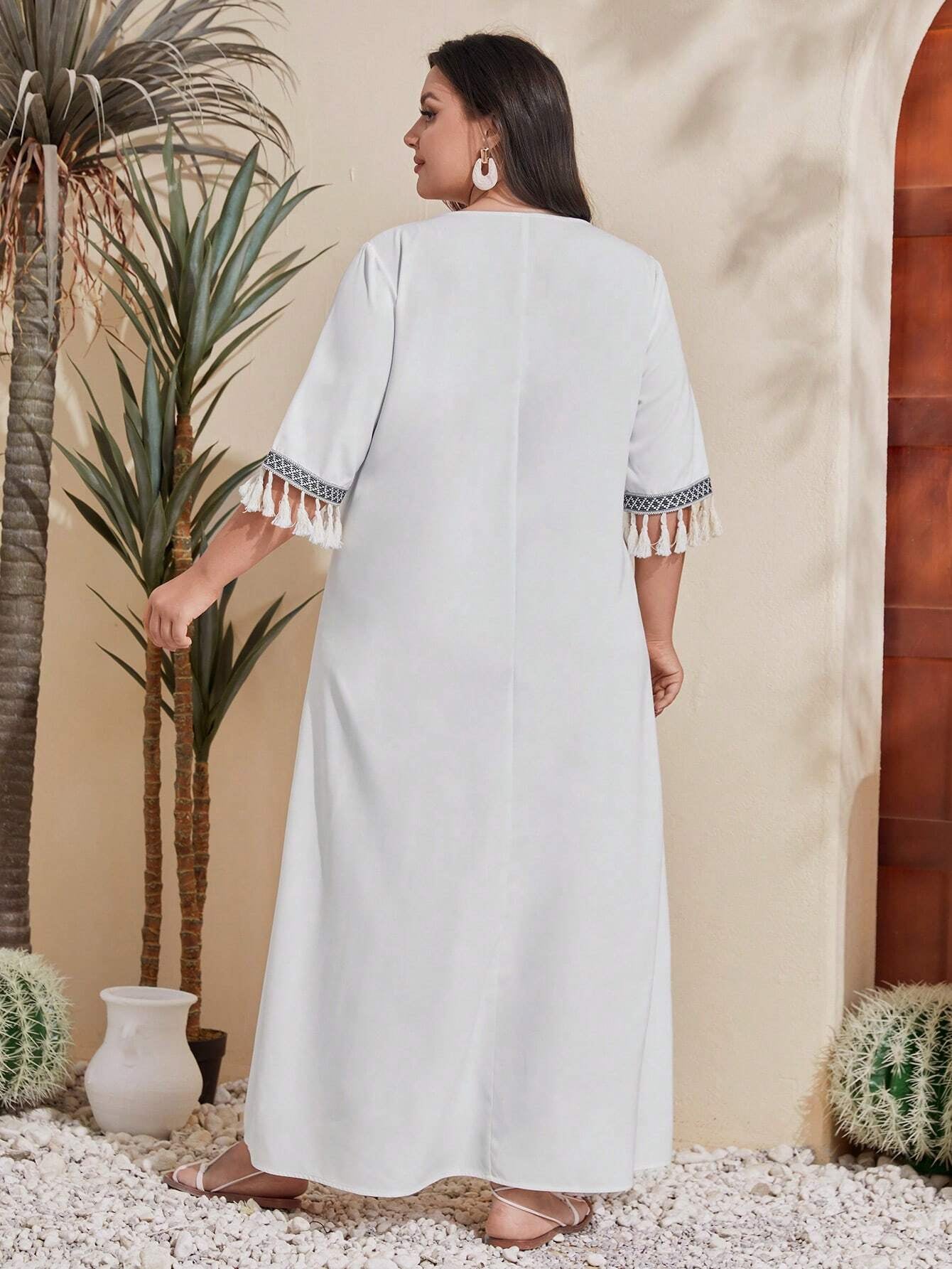 Mulvari plus Size Patchwork Printed Fringe Decorated Dress