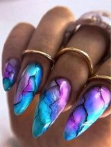 Galaxy Gradient Sparkling Powder Medium Almond Shape False Nails Set(24Pcs)+1Pc Jelly Glue+1Pc Nail File