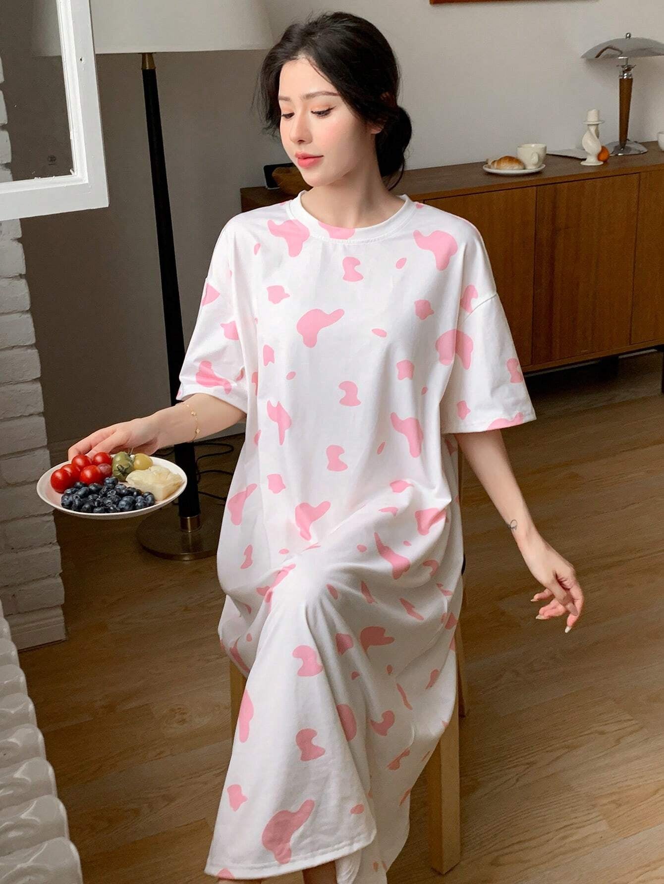 DAZY Women Cute T-Shirt Style Milk Cow Print Nightdress