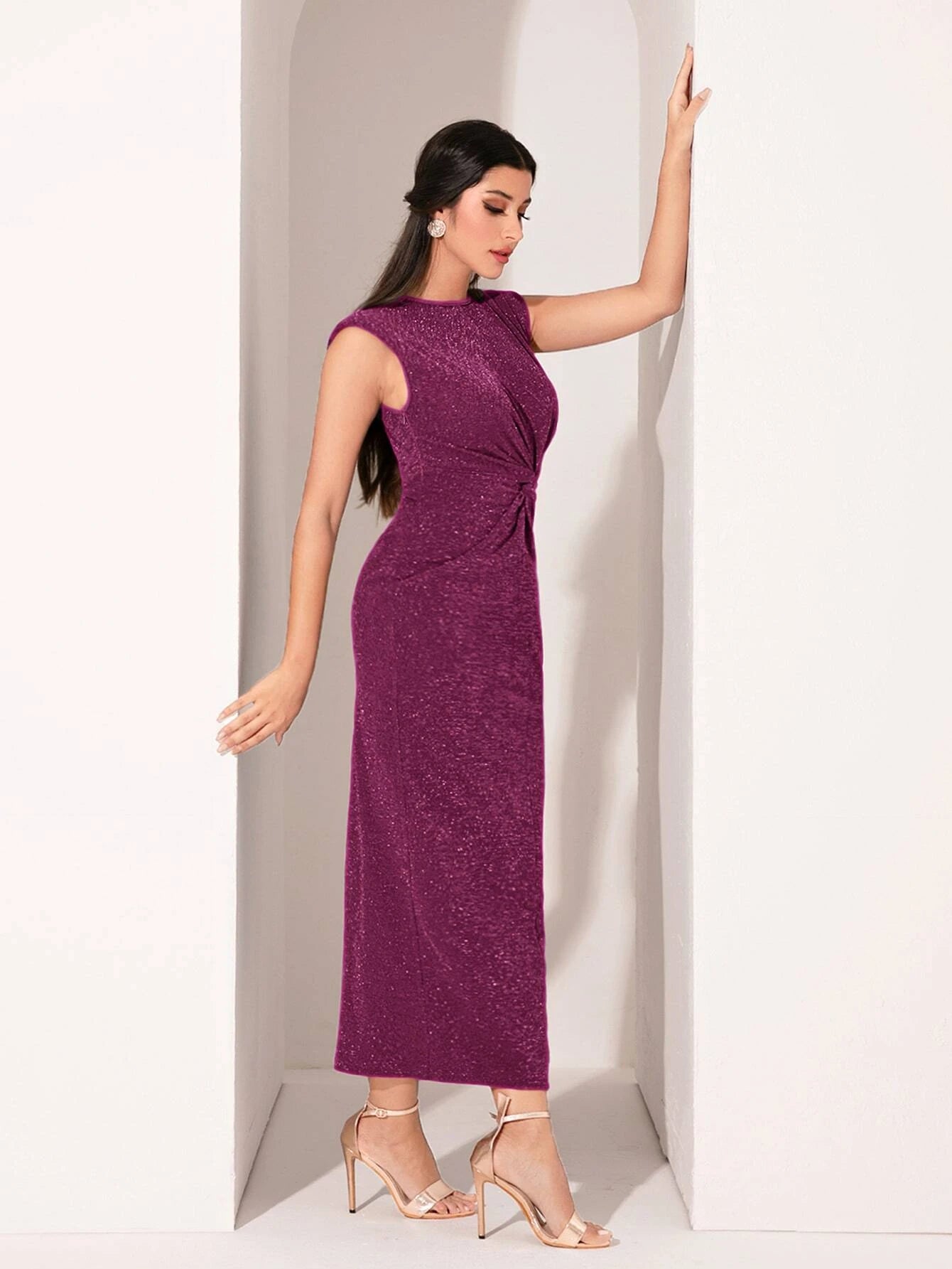 Modely Shoulder Pad Twist Front Glitter Dress