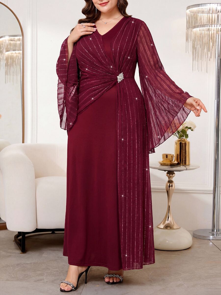 SHEIN Reflora فستان عنابي للمقاسات الكبيرة بأكمام جرس مزين بالراينستون