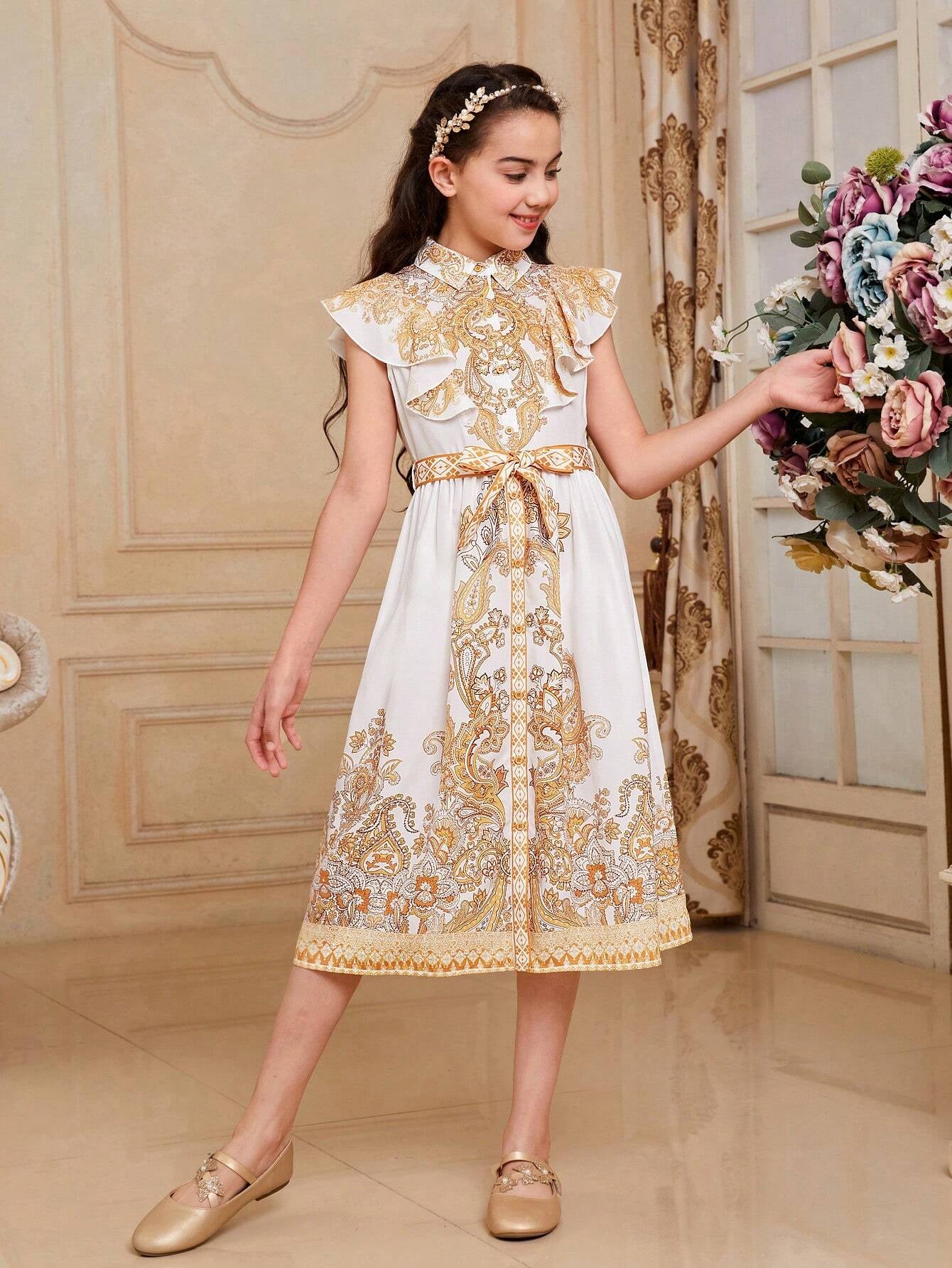 Tween Girls' Fitted Long Dress with Gorgeous Paisley Pattern, Ruffled Collar and Hem