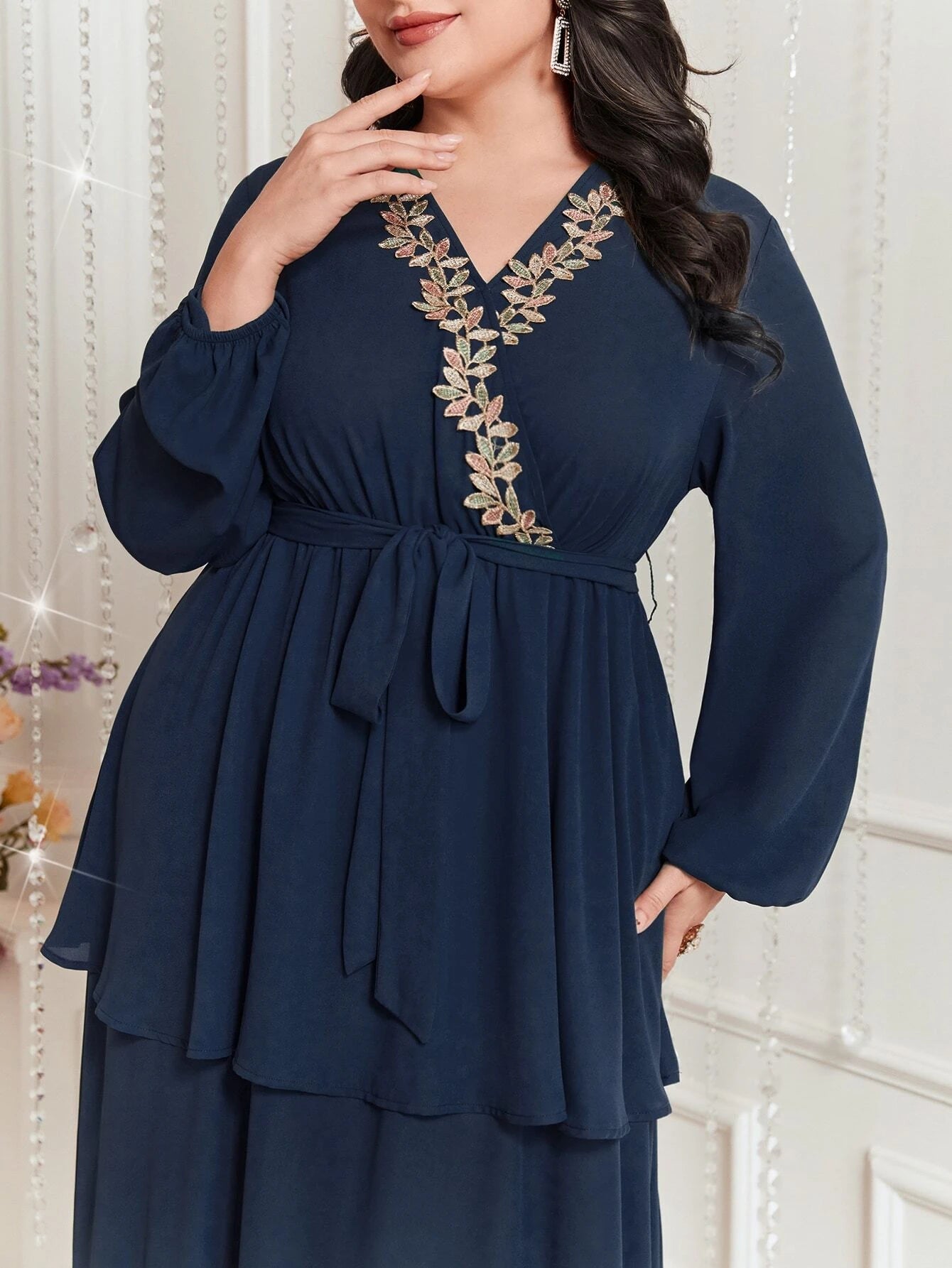 Modely plus Size Embroidered Decor Lantern Sleeve Dress