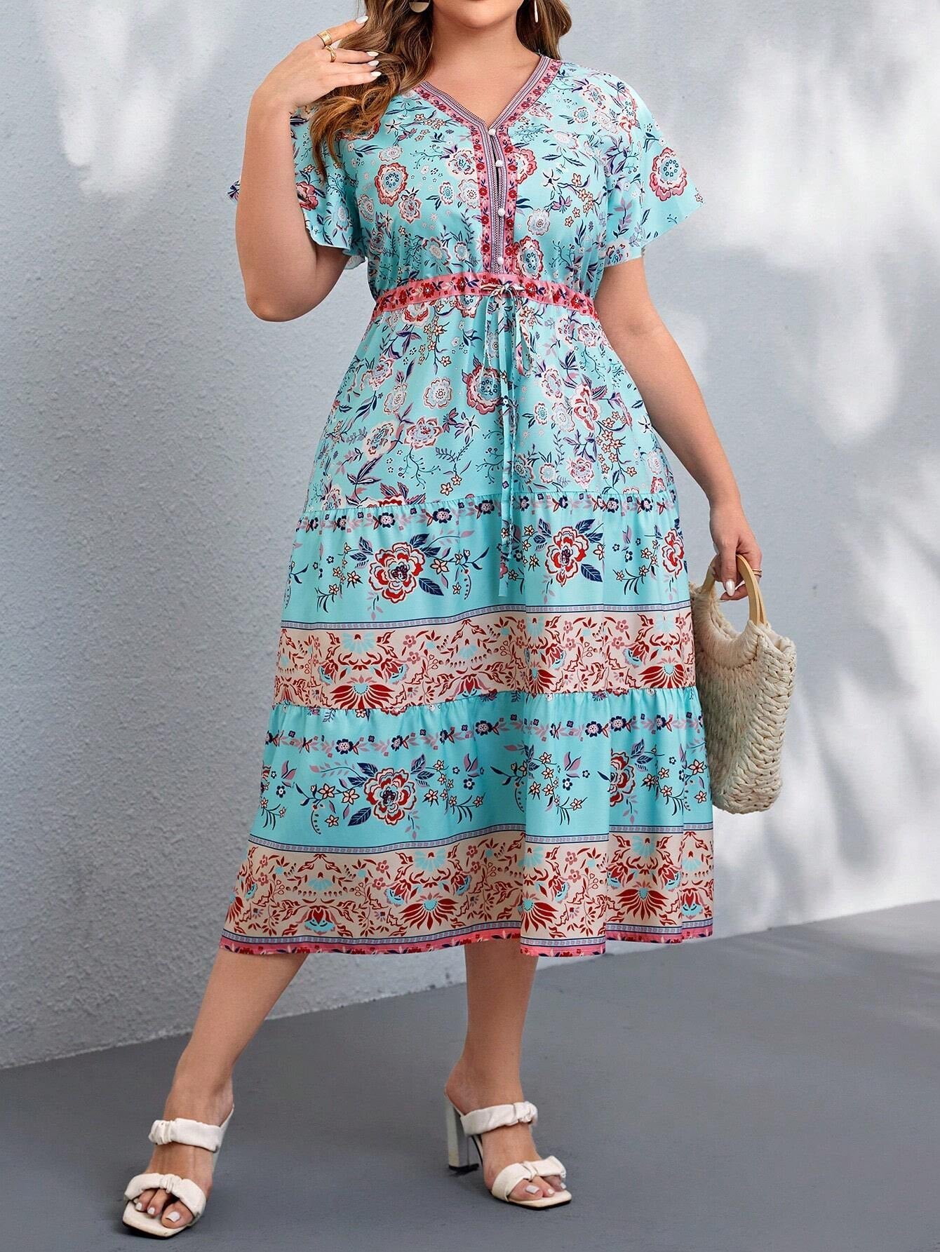 VCAY plus Size Random Printed V-Neck Dress