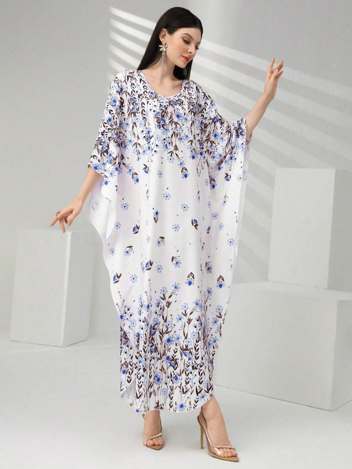 Najma Women'S Floral Print Batwing Sleeve Turkish Long Shirt