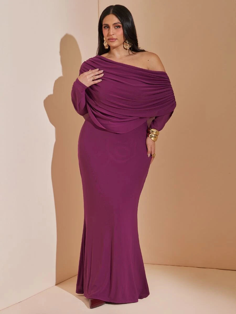 SHEIN BAE CURVE فستان للمقاسات الكبيرة بكتف غير متماثل وطبقة شبكية