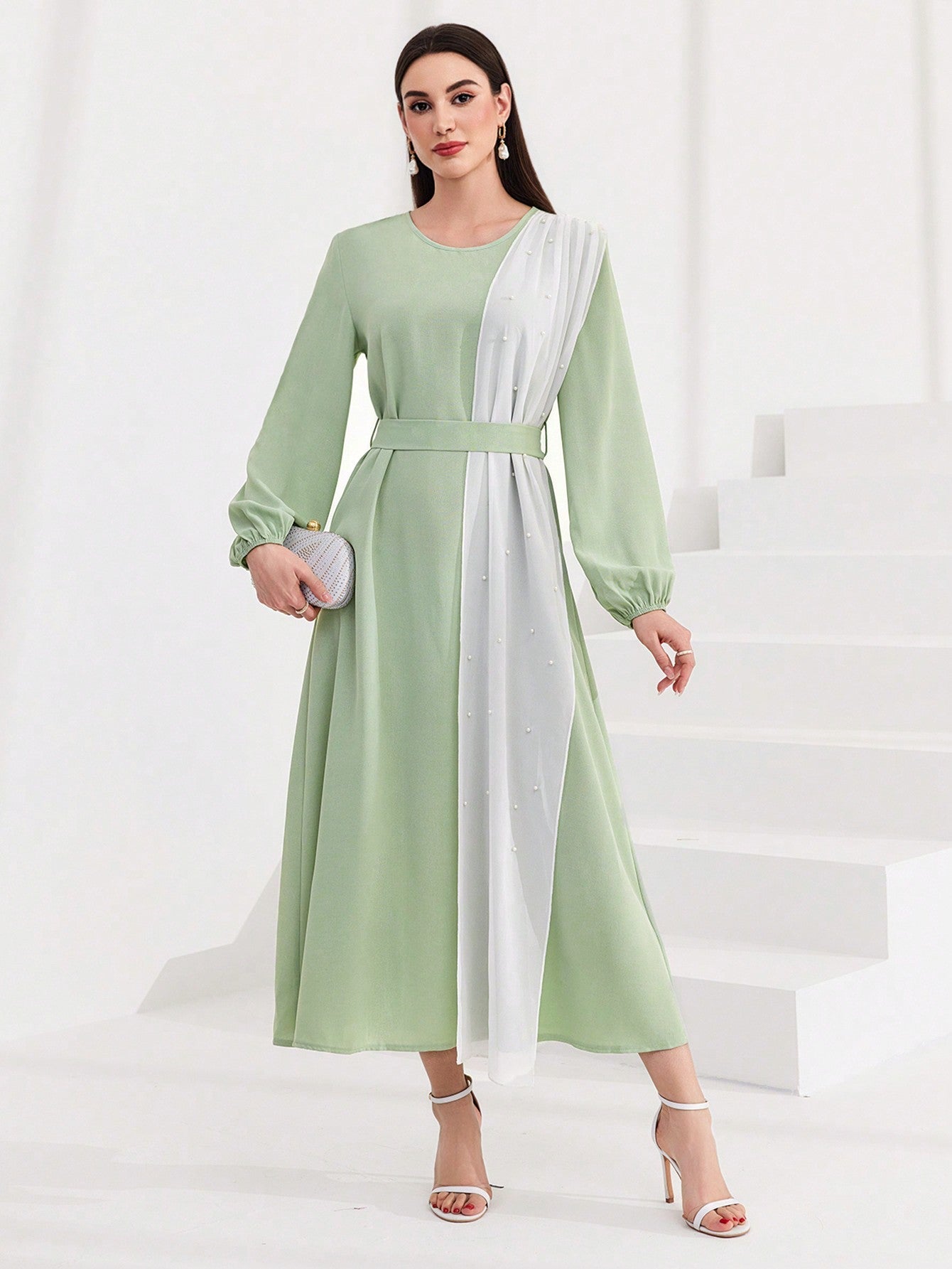Mulvari Lantern Sleeve Color Block Women'S Dress