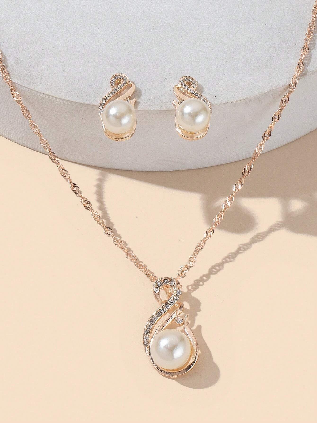 1Pc Charming Water Drop Shaped Rhinestone & Faux Pearl Pendant Necklace and 1Pair Earrings, Birthday/Festival Gift for Women