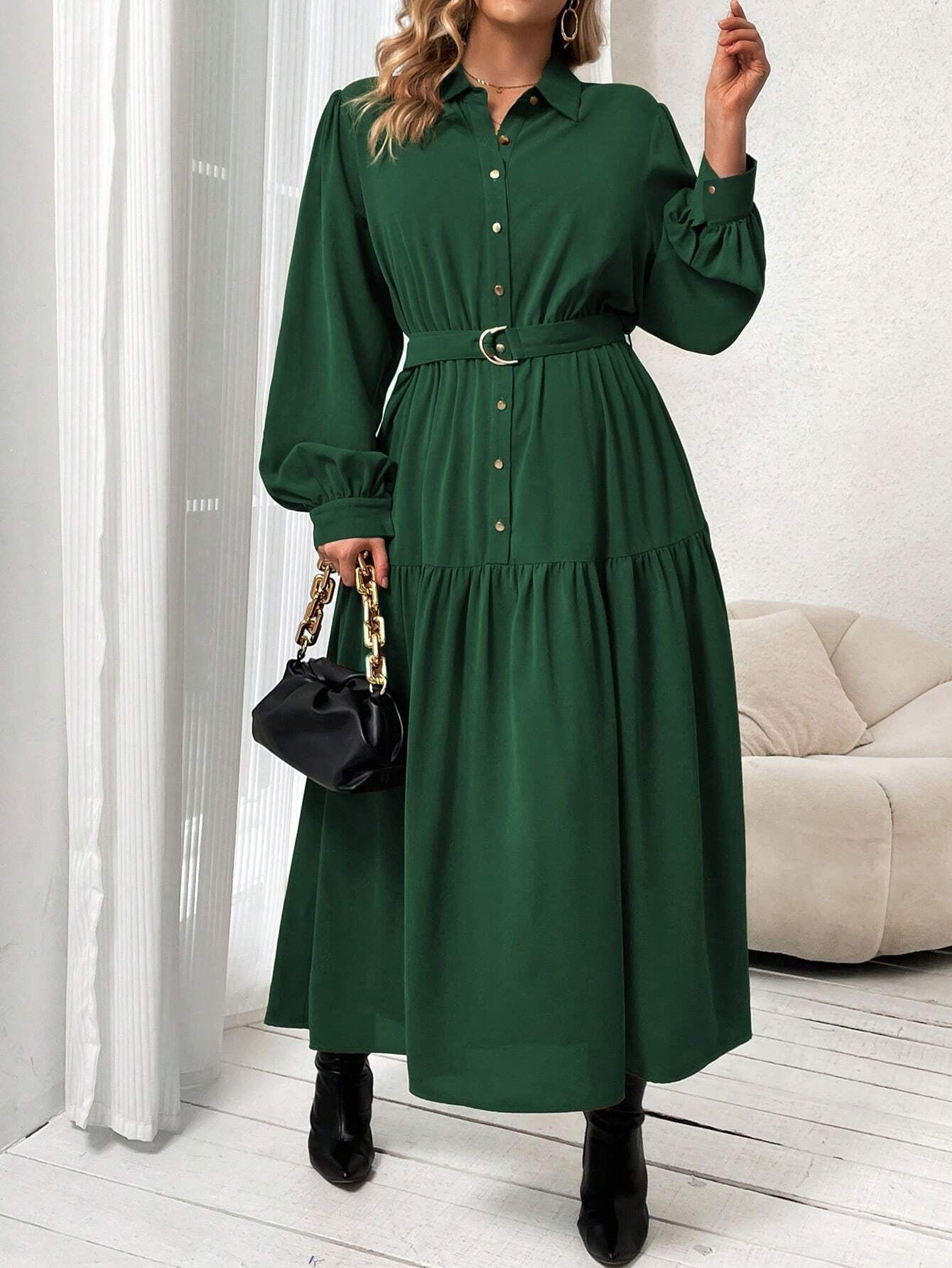 Frenchy plus Lantern Sleeve Ruffle Hem Belted Shirt Dress