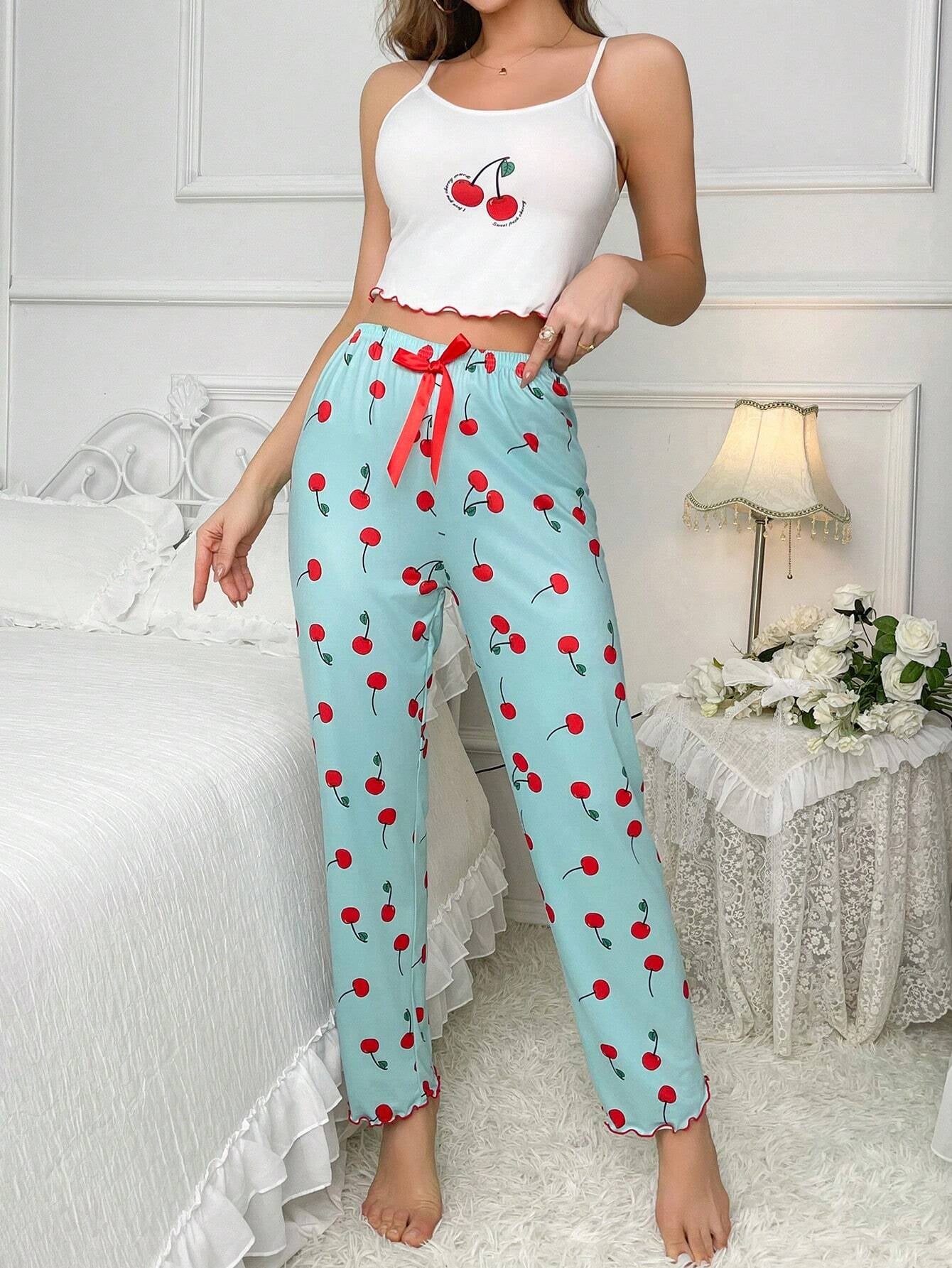 Cherry Print Cami Top & Bow Front Pants PJ Set
