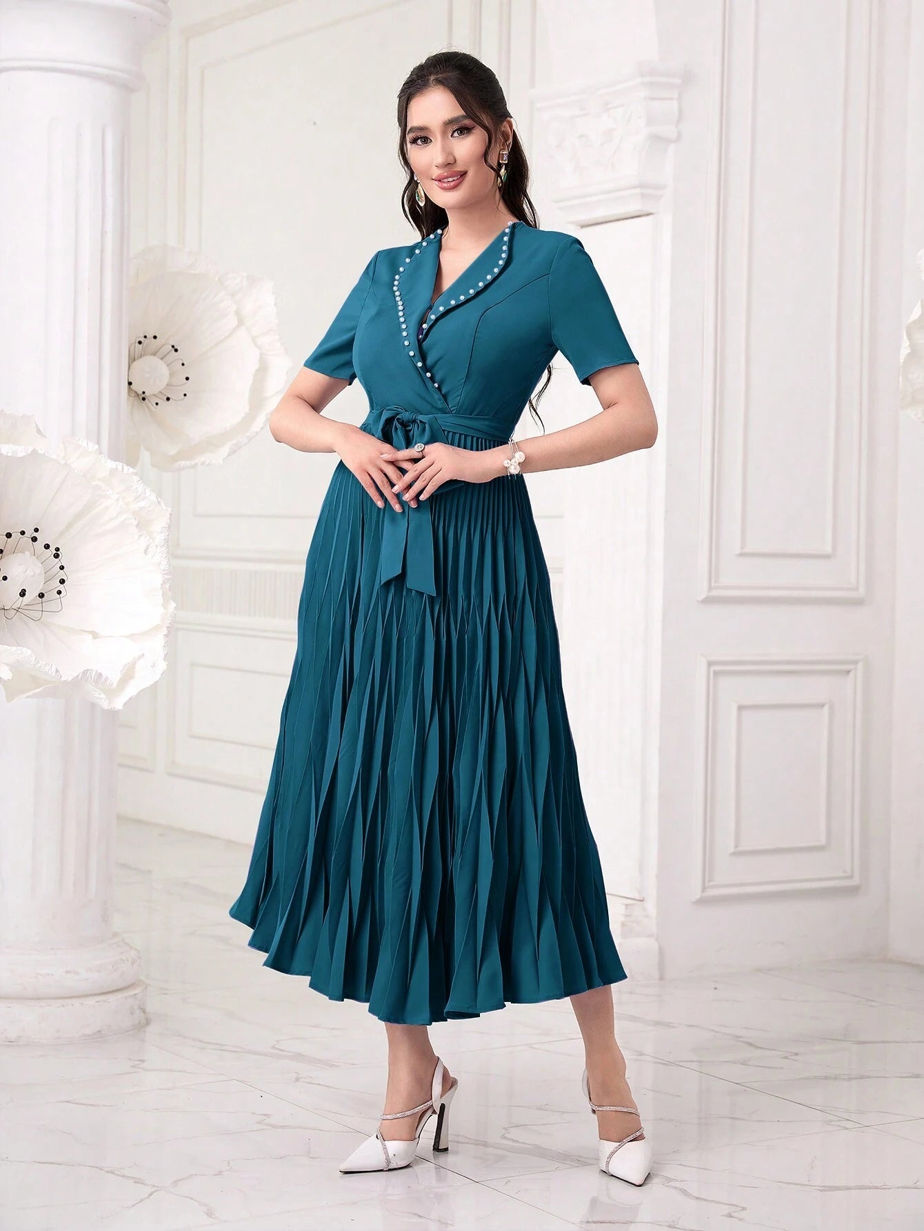 Modely Pearls Beaded Detail Belted Pleated Hem Dress