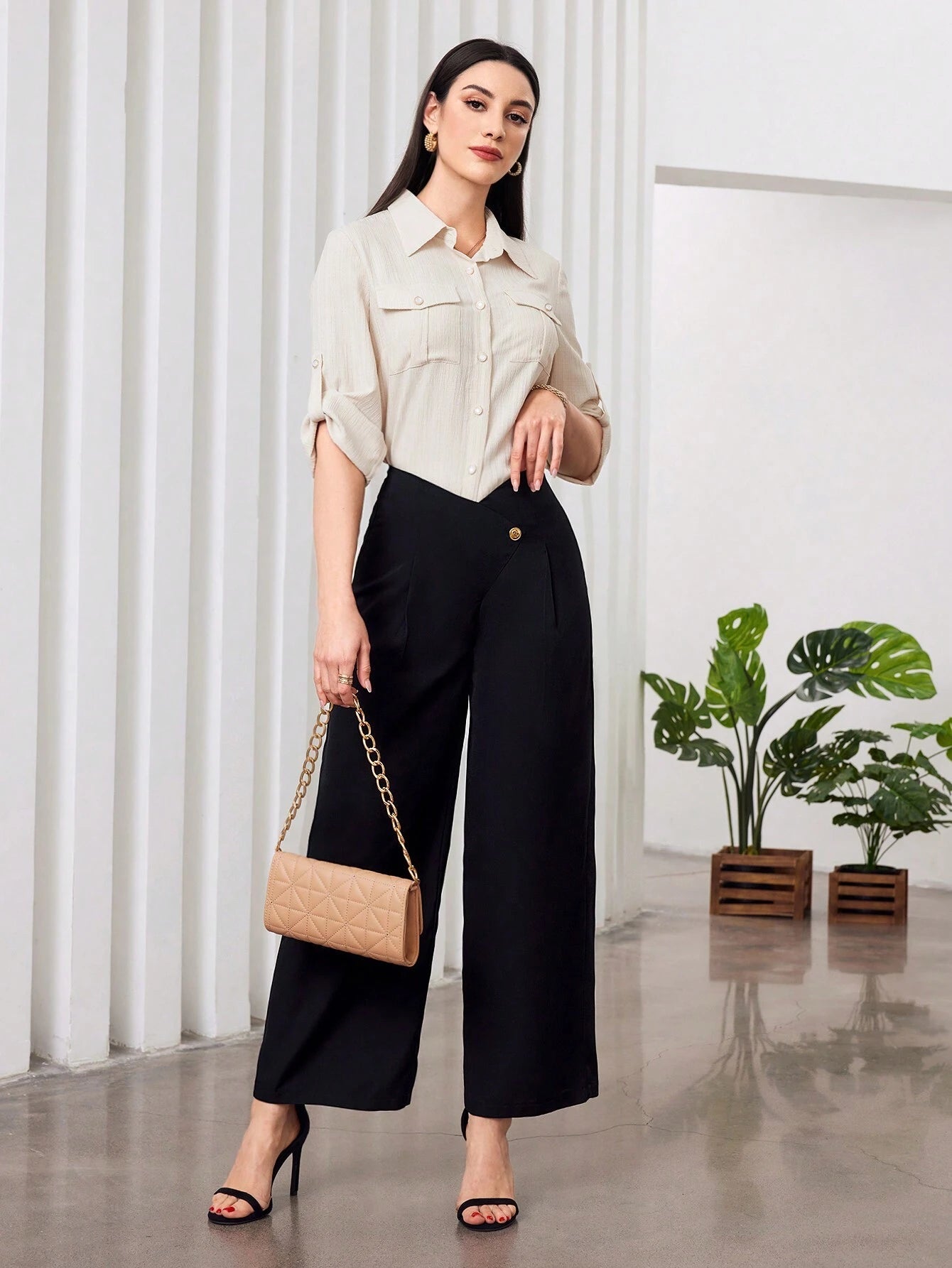 Modely Solid Color High-Waist Wide Leg Pants
