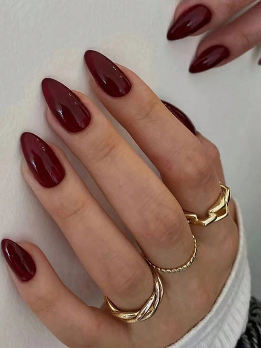 Improve Your Elegant - 30Pcs Set Retro Simple Almond-Shaped Solid Color False Nails in Red, Suitable for Daily Wear by Women