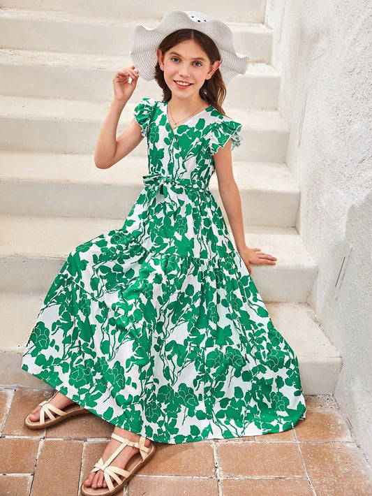 Tween Girls' Elegant Cross V-Neckline Floral Printed Dress with Ruffle Sleeves, Pleated and Tie for Summer