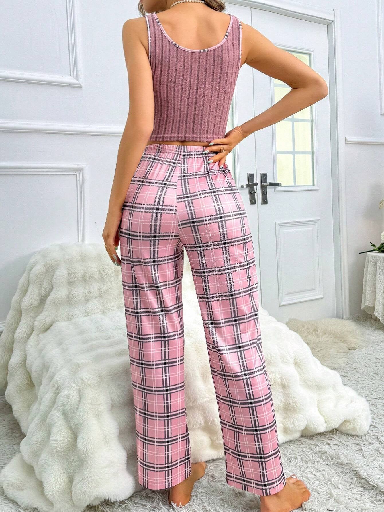Women'S Ribbed Cami Plaid Pants Pajama Set