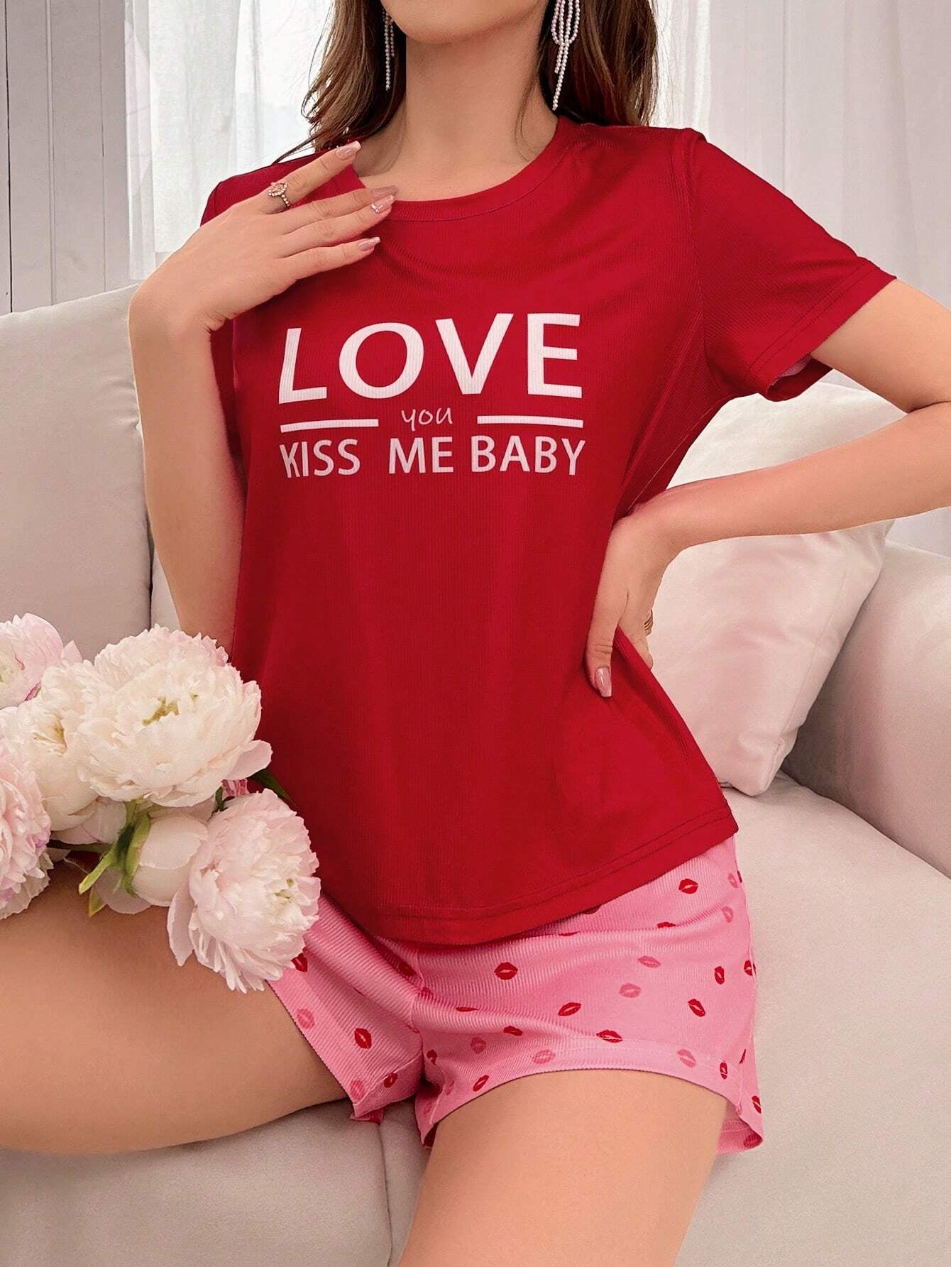Women'S Short Sleeve Pajama Set with Letter Print