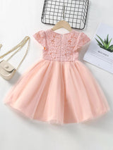 Young Girls Contrast Lace Bow Front Mesh Hem Party Dress