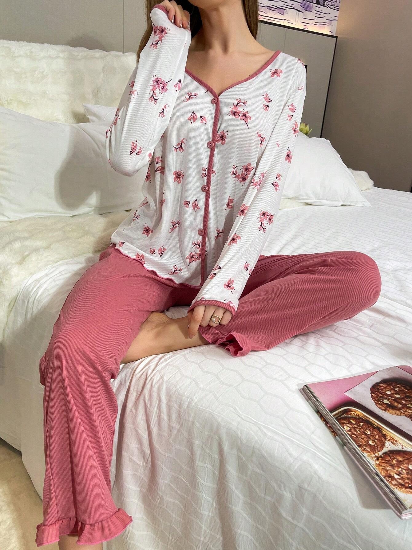 Floral Printed Sleepwear Set with Contrast Trim