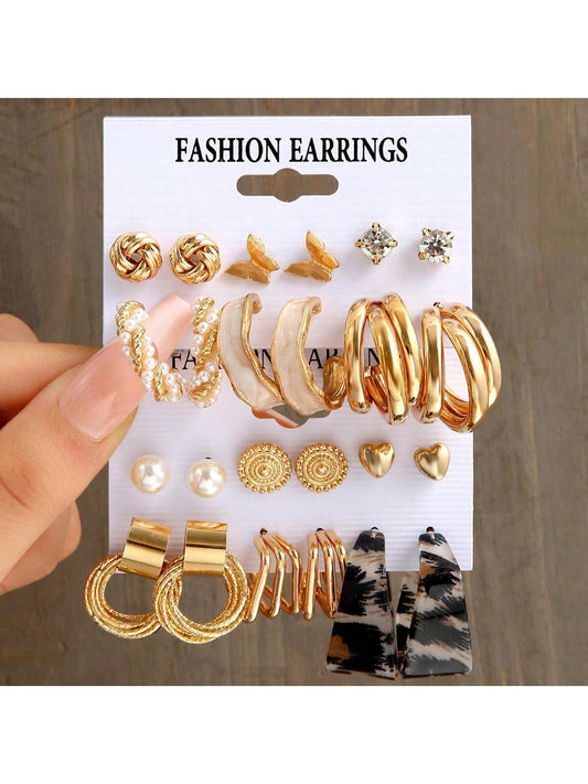 12Pairs/Set Leopard Print Multi-Layered Geometric Circle Butterfly Heart Stud Earrings Vintage Faux Pearl Twisted Dangle Earring Set