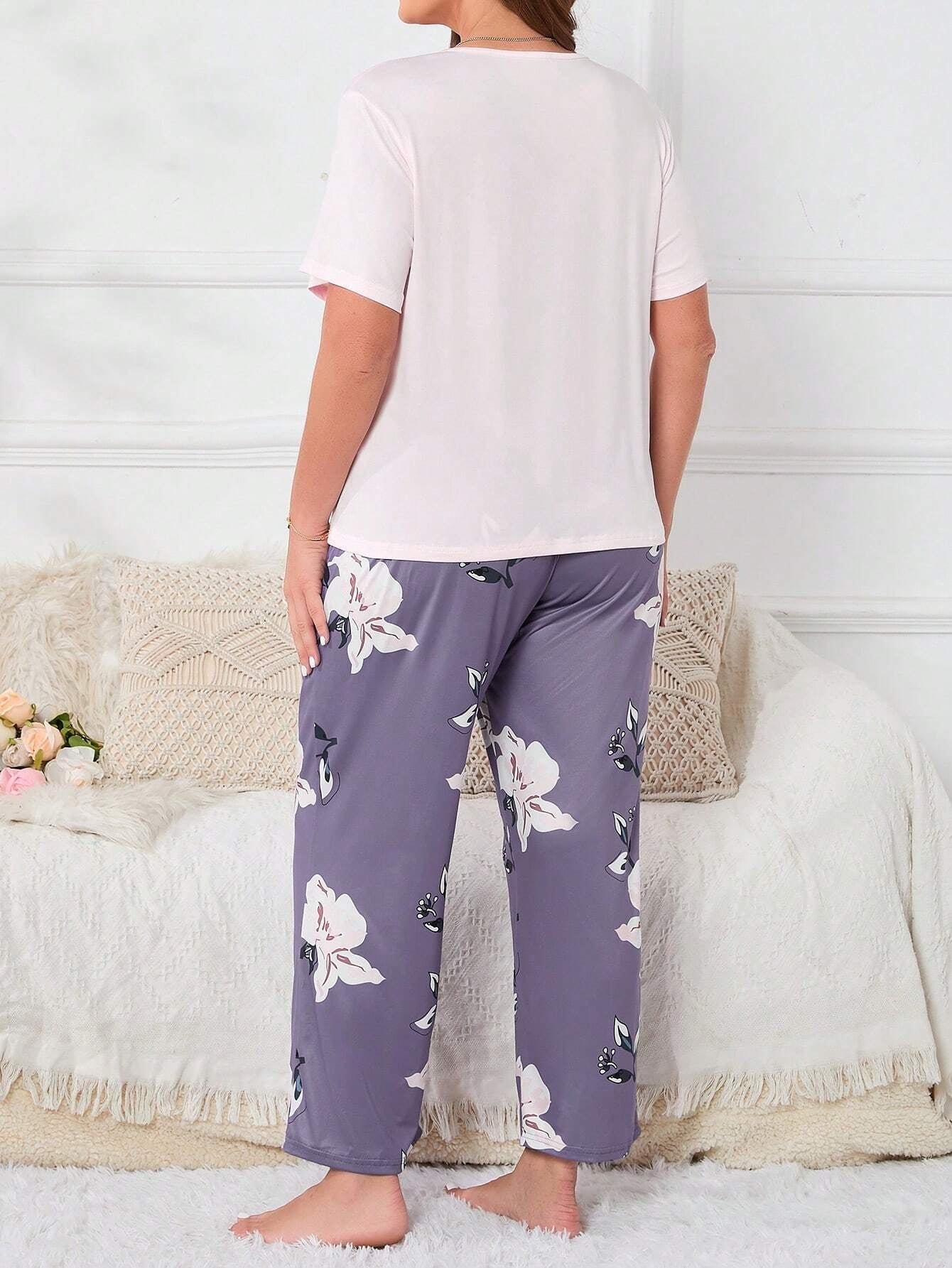 Plus Size Flower Print Pajama Set