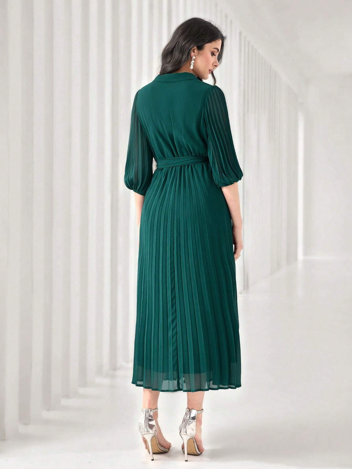 Modely Notch Neck Pleated Hem Belted Dress