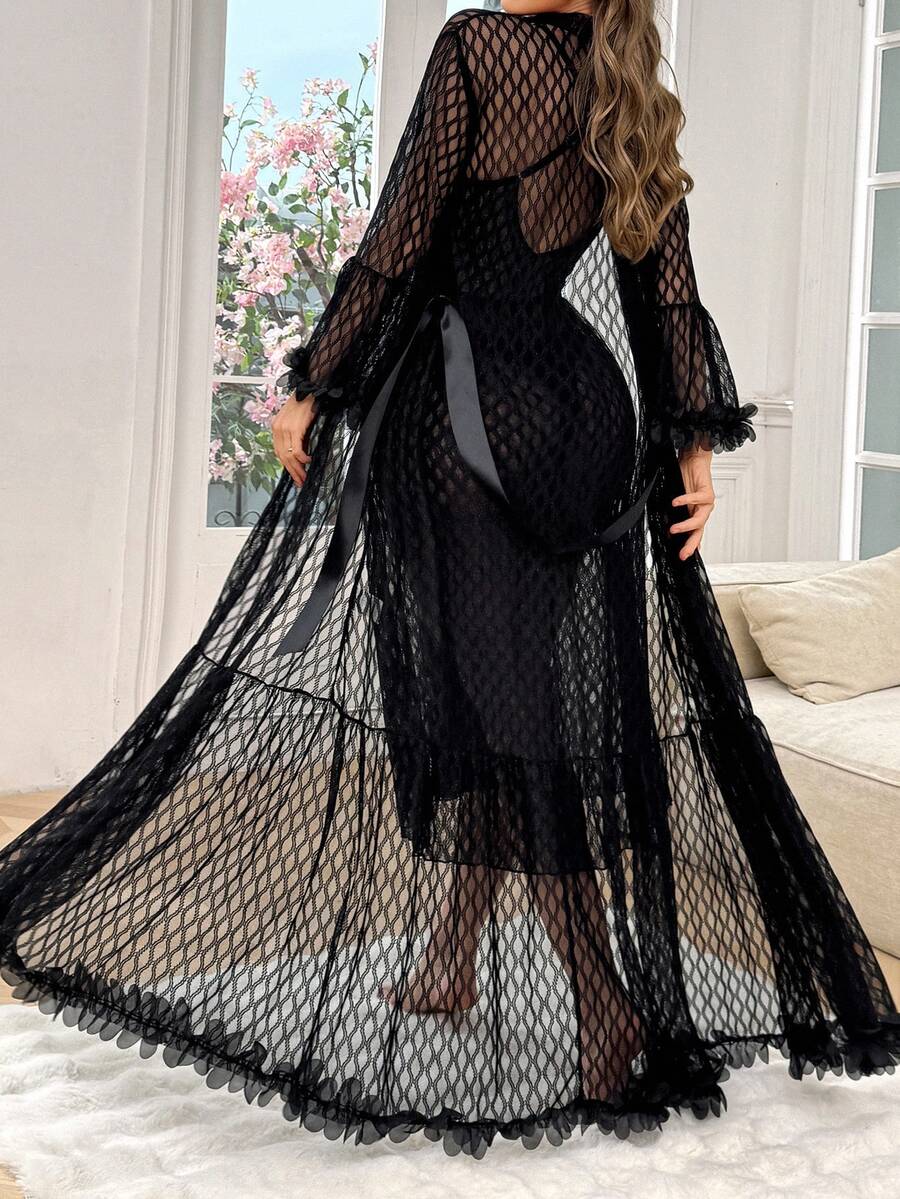 SHEIN Slumberist طقم قطعتين روب شبكي مطرز بالزهور وقميص نوم