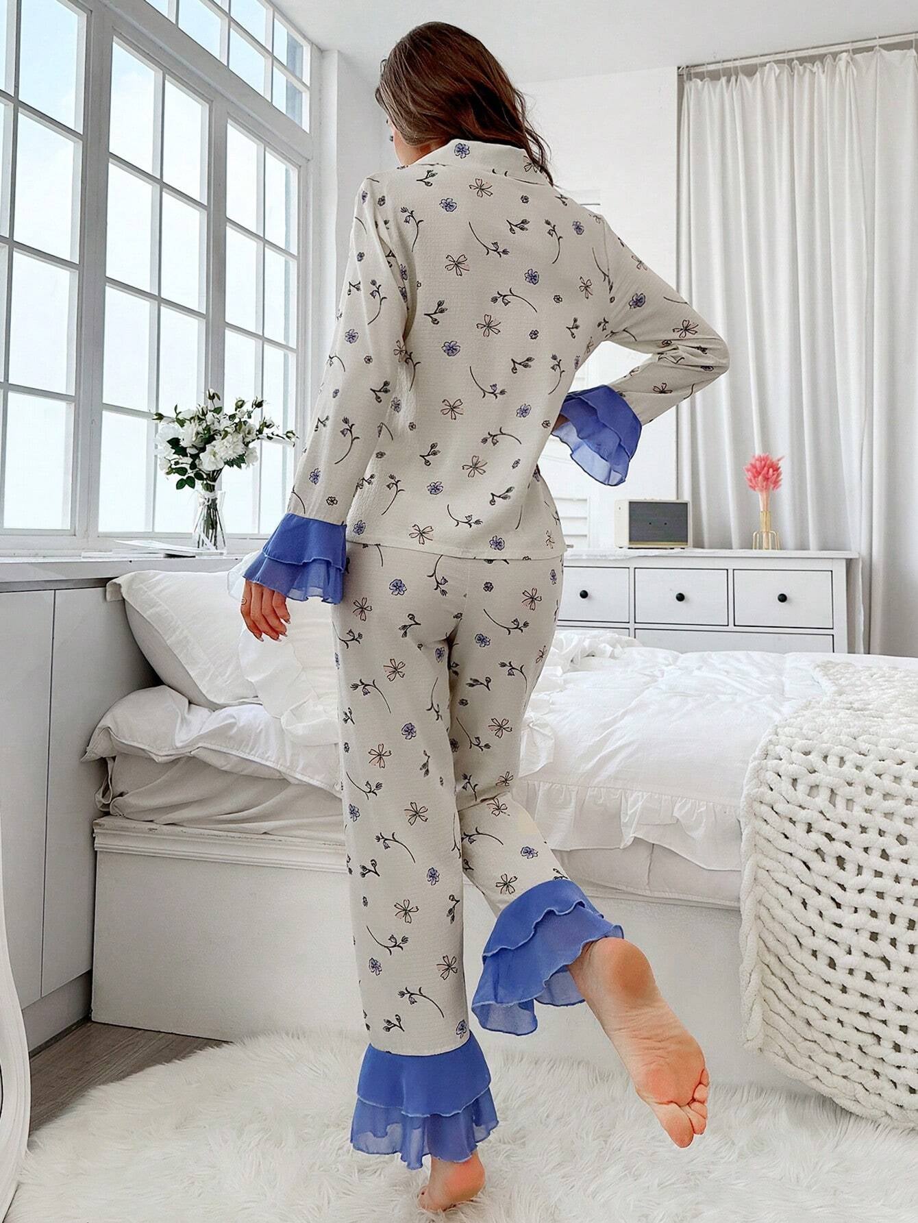 Floral Print Flare Sleeve Ruffle Hem PJ Set