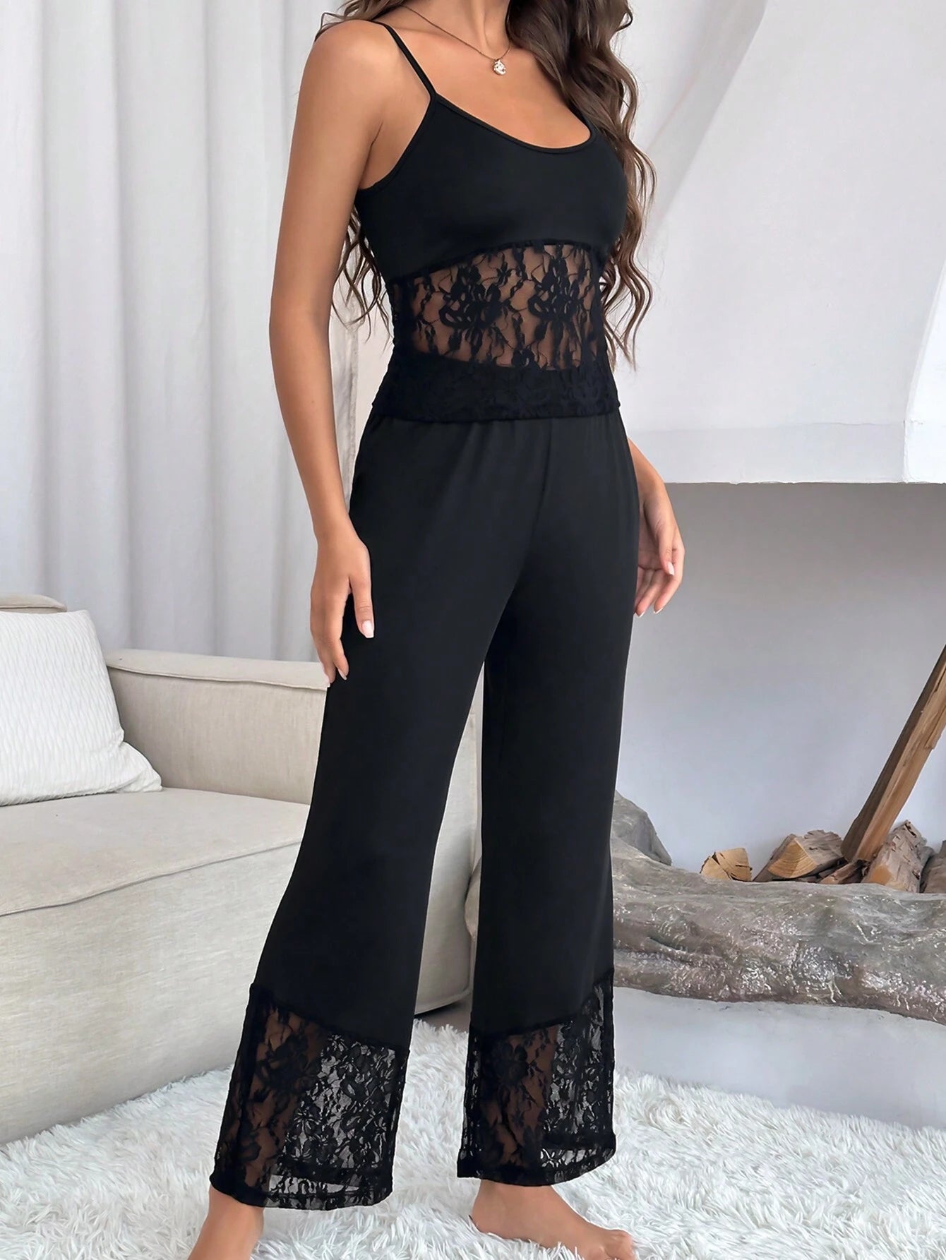 Ladies Lace Patchwork Cami Top and Shorts Sleepwear Set