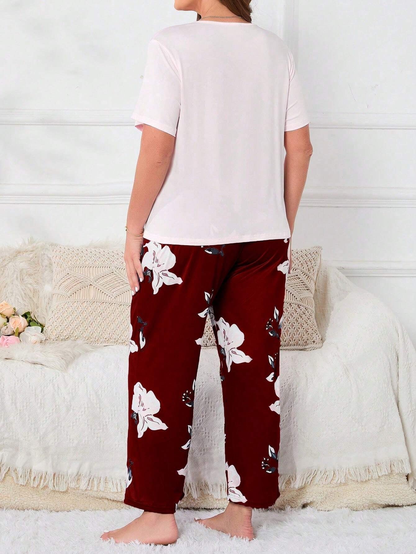 Plus Size Flower Print Pajama Set