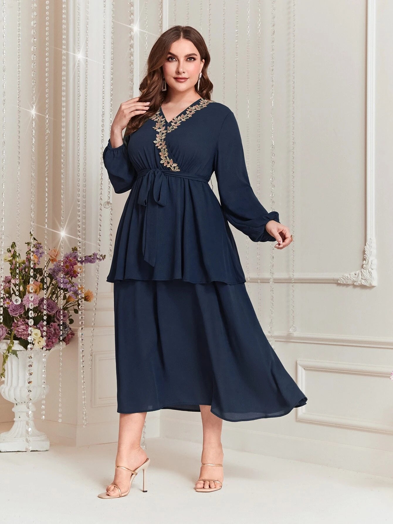 Modely plus Size Embroidered Decor Lantern Sleeve Dress