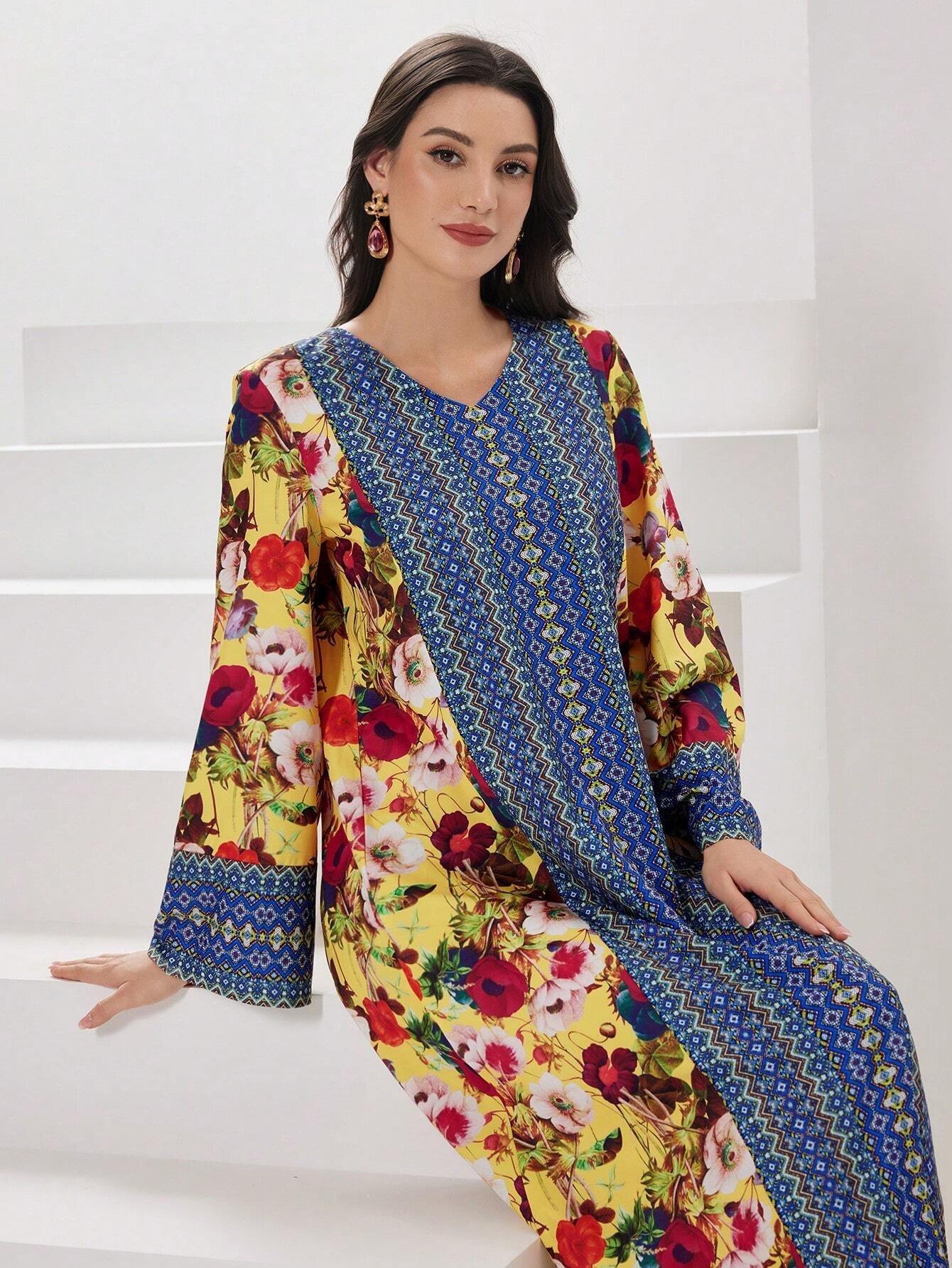 Najma Floral Print V Neck Flounce Sleeve Dress