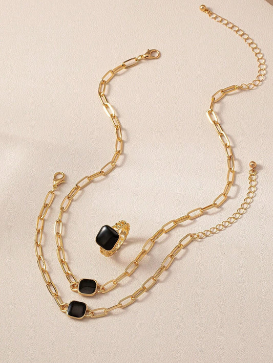 A Set of Black Square Necklaces, Bracelets, Rings, Retro Fashion Sets