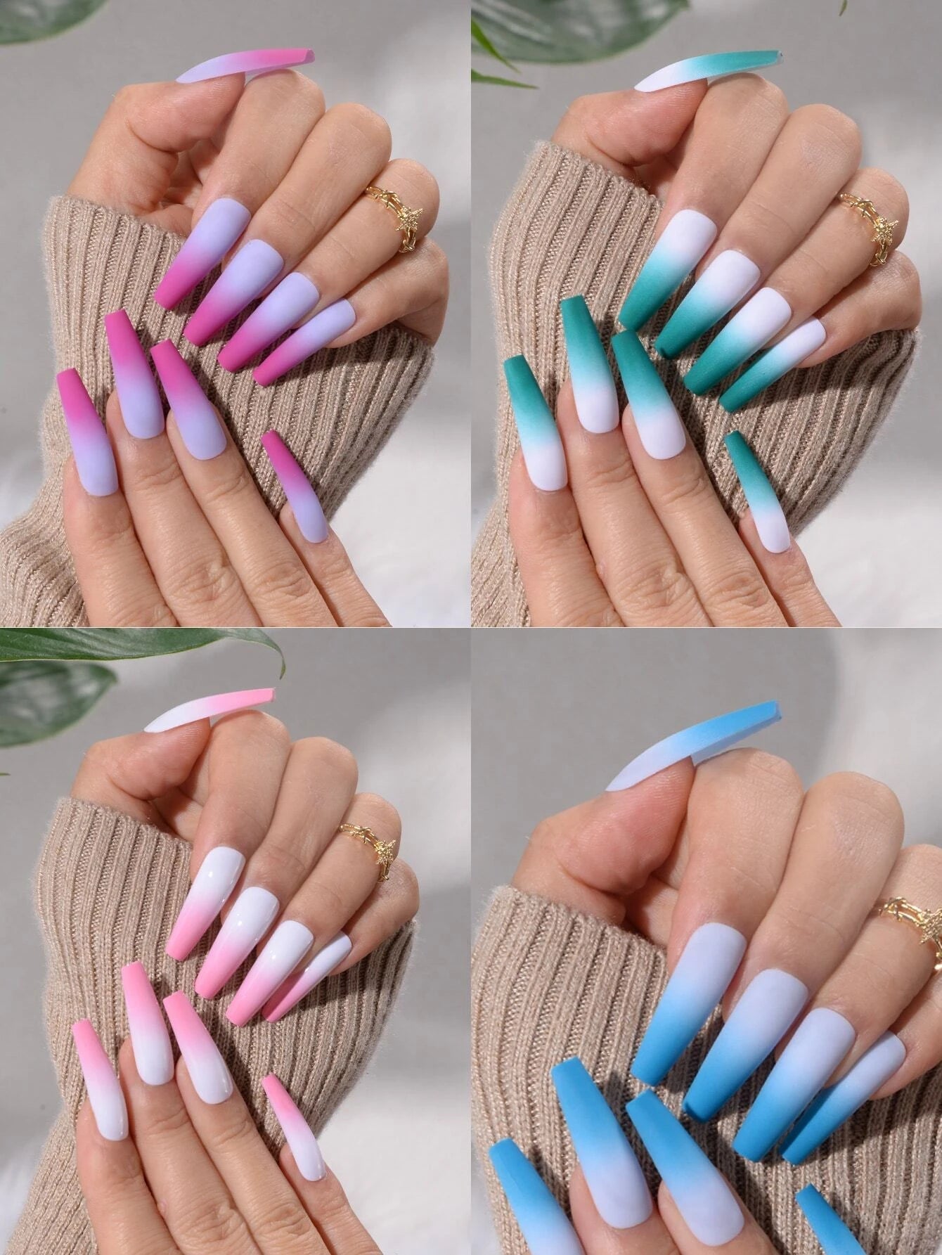 Get Glamorous with 192Pcs Long Coffin Multicolor Ombre Fake Nail