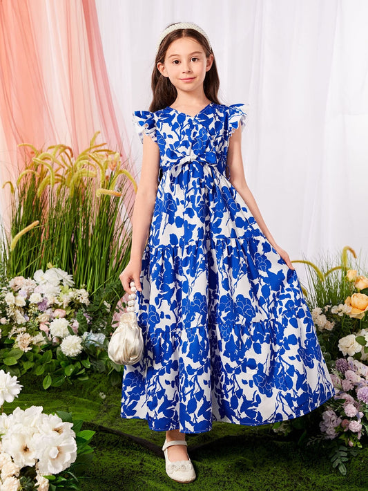 Tween Girls' Elegant Cross V-Neckline Floral Printed Dress with Ruffle Sleeves, Pleated and Tie for Summer
