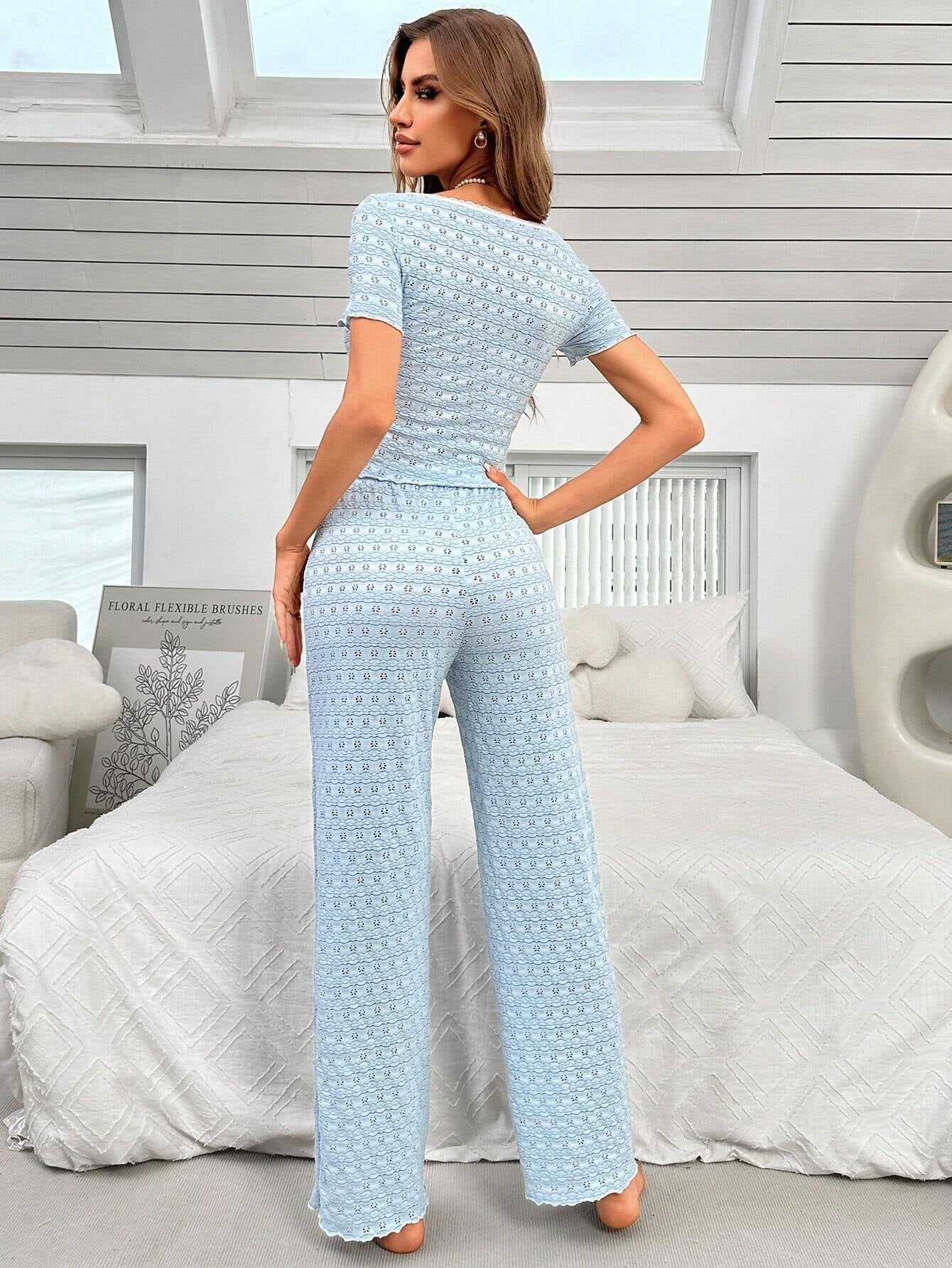 Contrast Lace Trim round Neck Short Sleeve Long Pants Jacquard Women'S Pajama Set