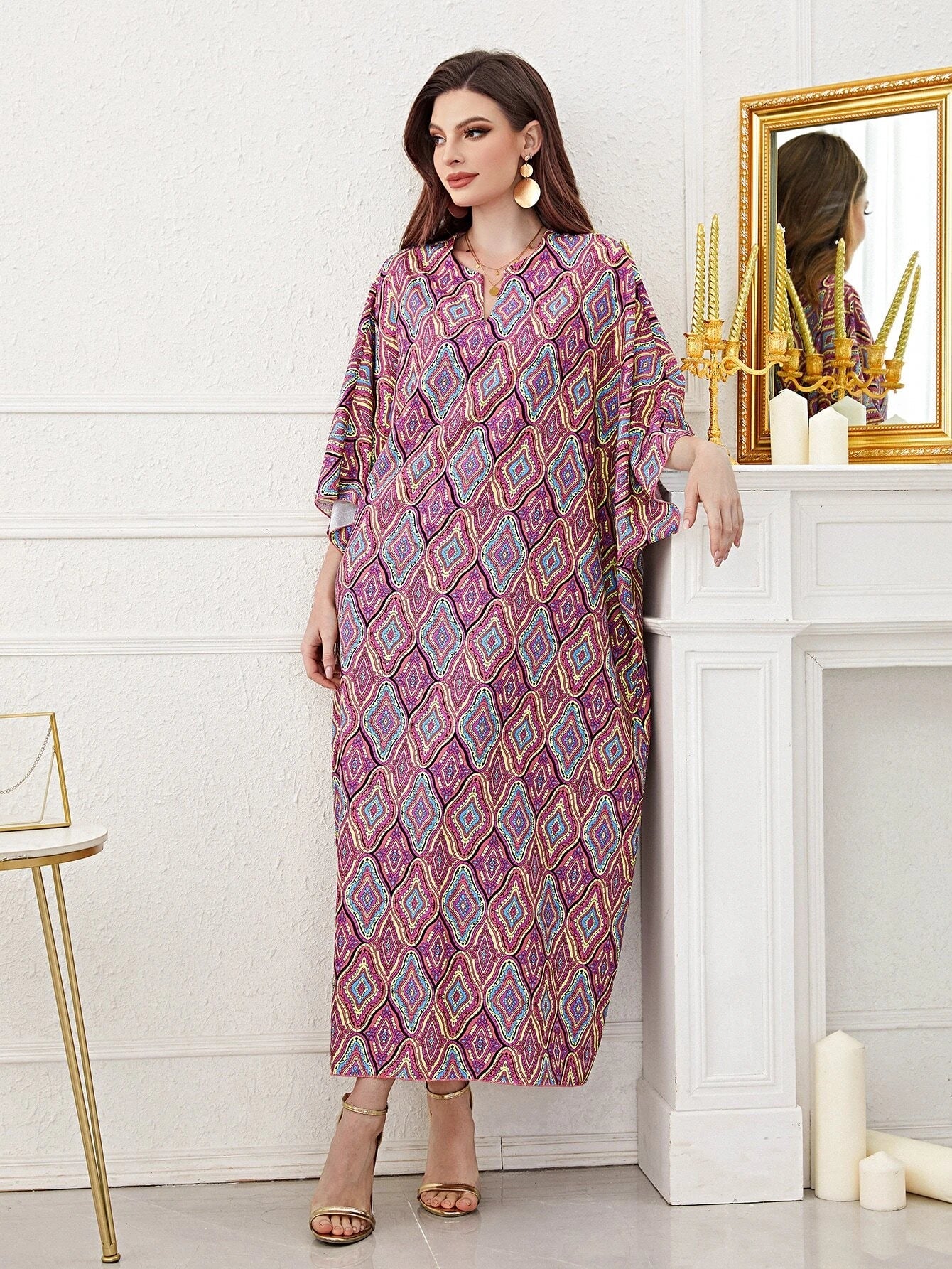 Najma Women'S Loose Turkish Long Shirt with Geometric Pattern