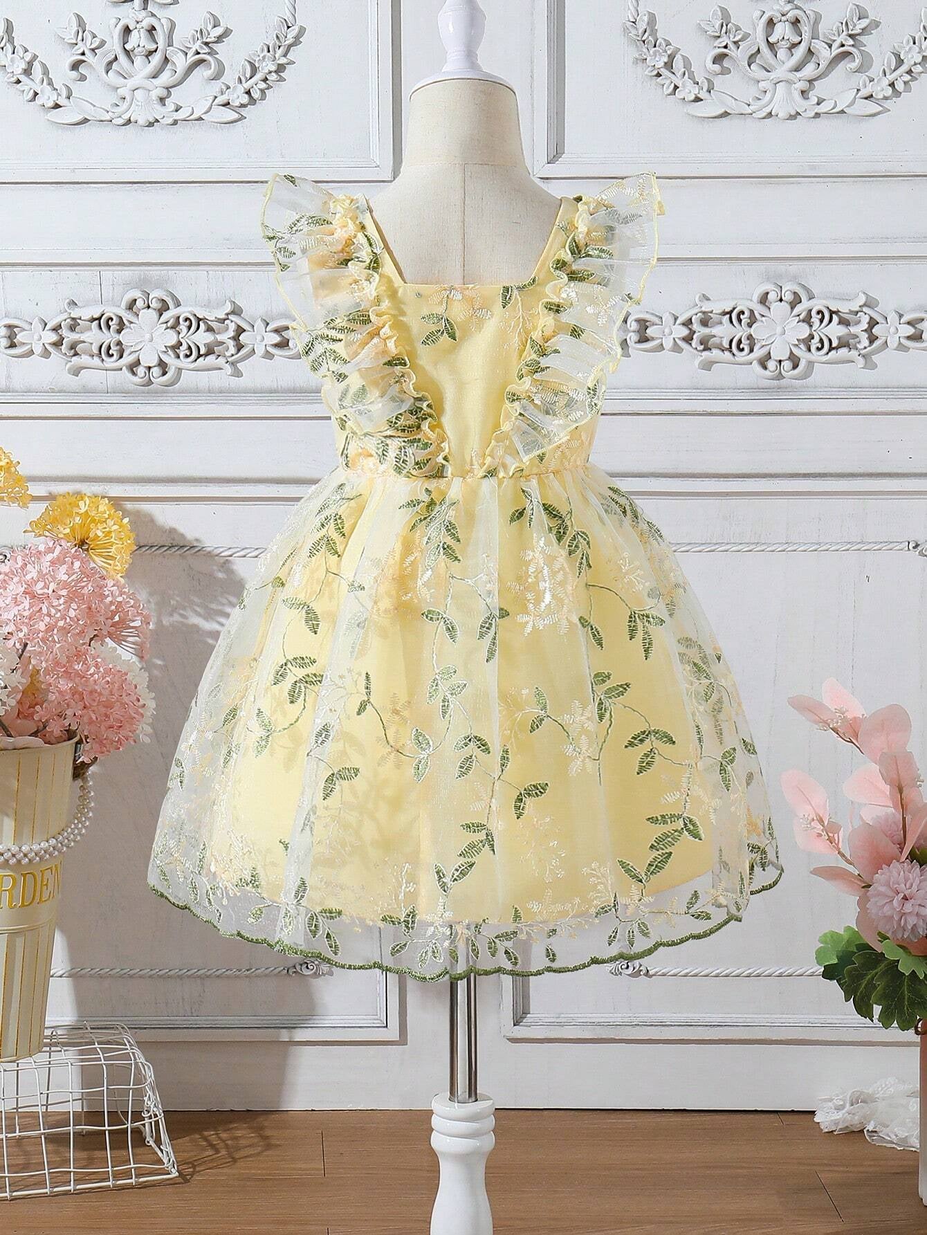 Young Girl'S Elegant Flower Embroidered Mesh Sleeveless Dress with Ruffle Trim, Perfect for Wedding, Birthday Party, Holiday, Sweet Summer Outfits