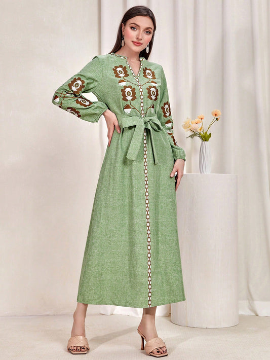 Najma Graphic Embroidery Notched Neckline Belted Dress
