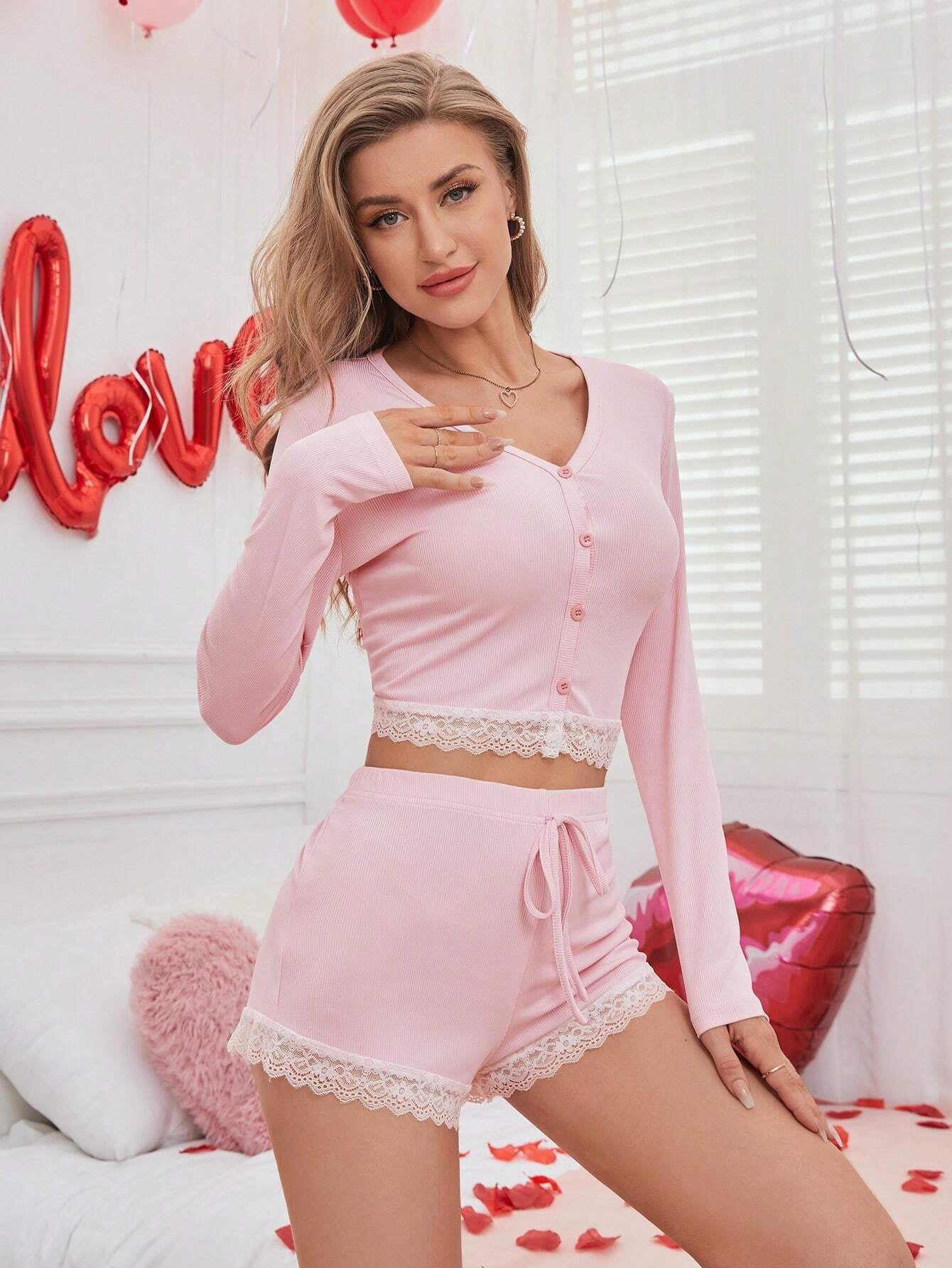 Women'S Ribbed Lace Patchwork Pajama Set