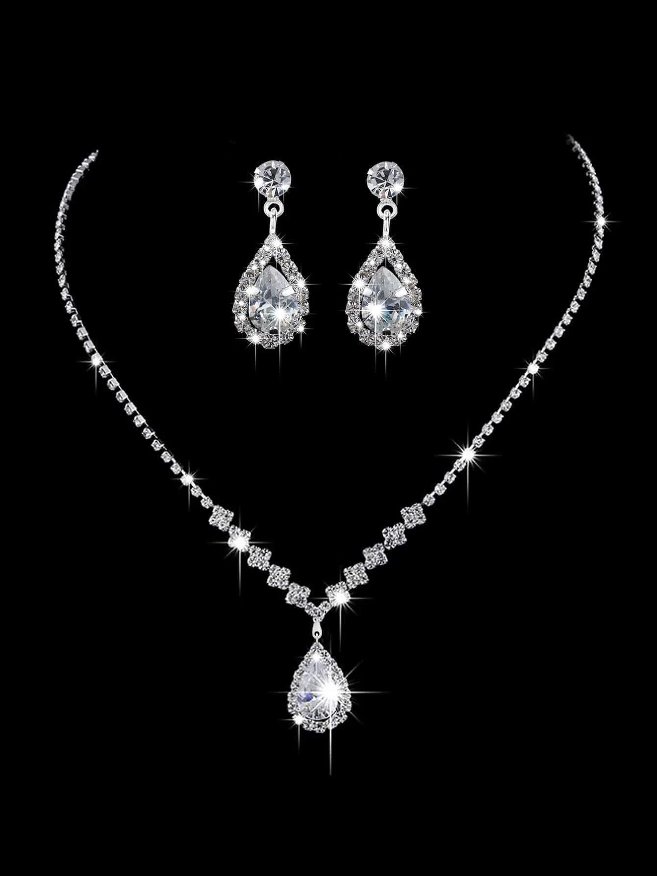 Rhinestone Water-Drop Charm Necklace & Drop Earrings for Women for Party Banquet Wedding