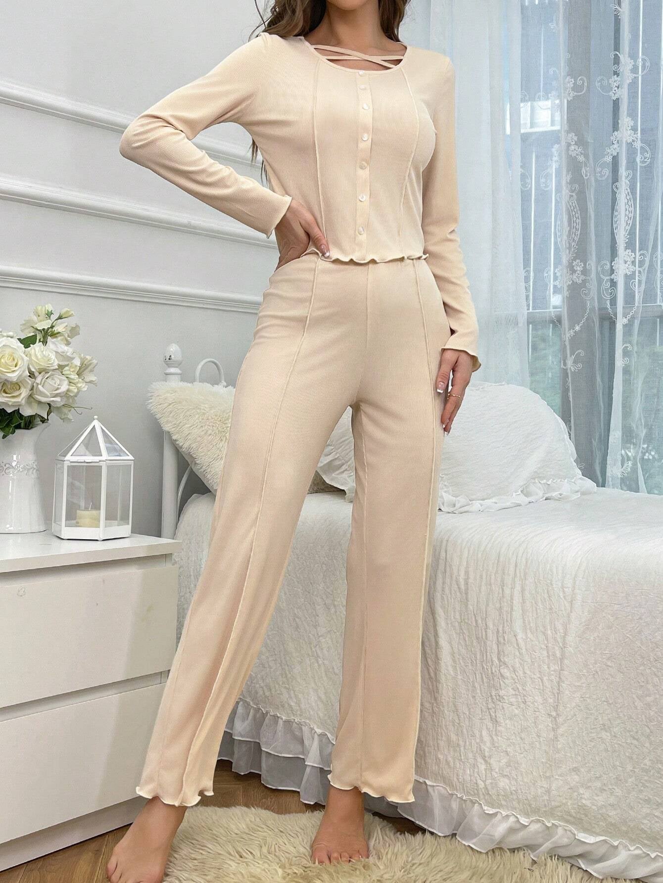 Women'S Faux-Button Decoration Long Sleeve and Pants Home Suit