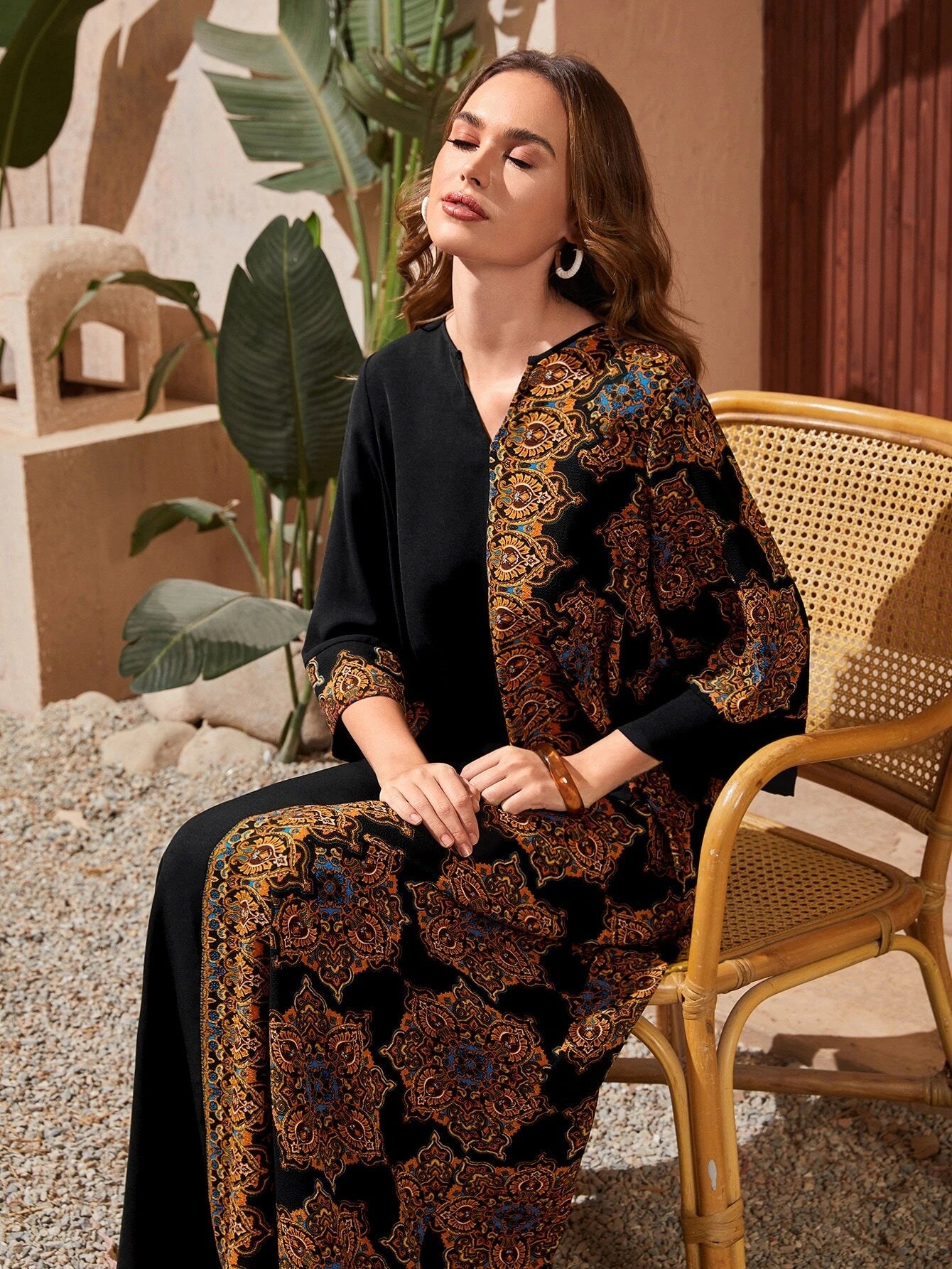 Najma Graphic Print Panel Notch Neck Tent Dress