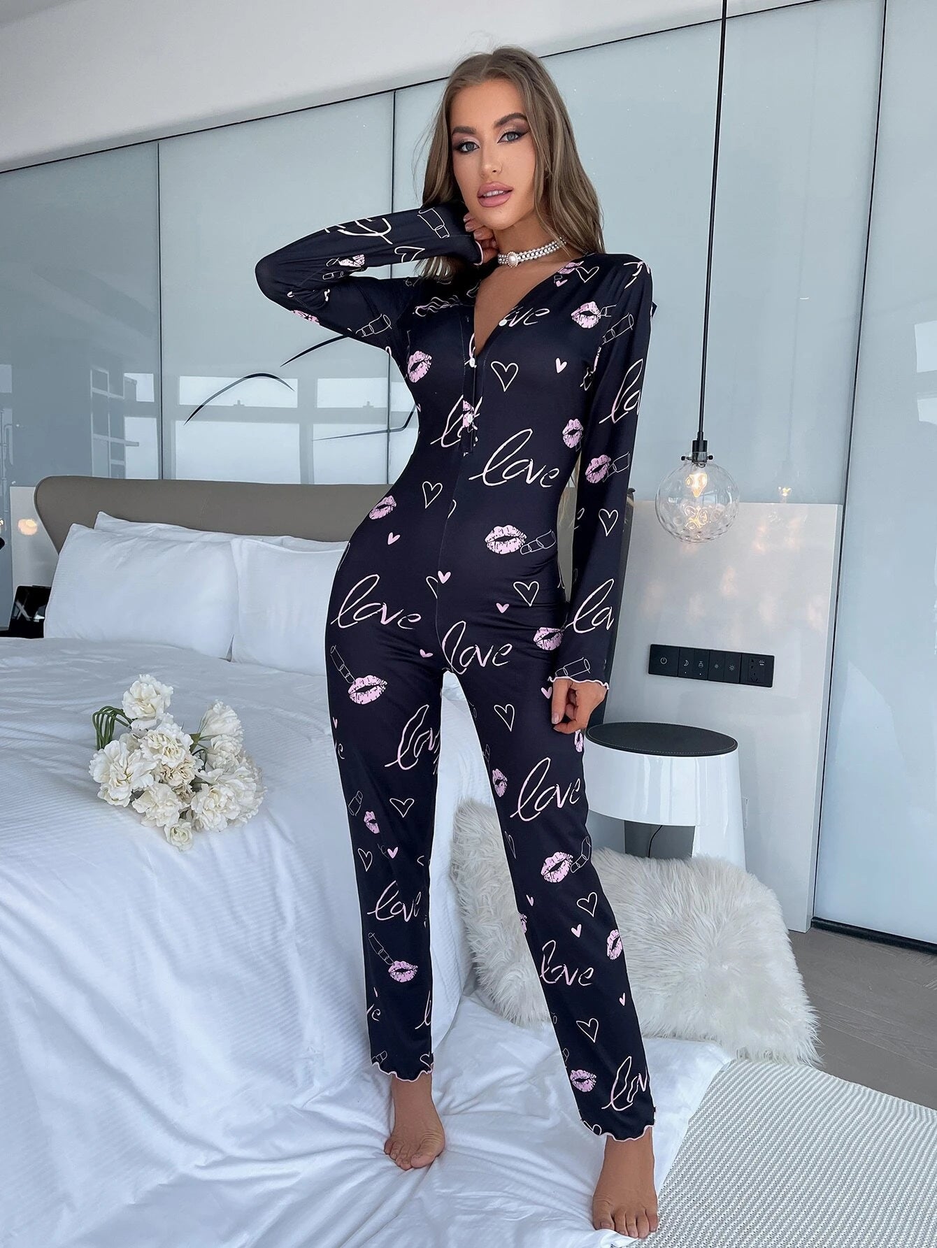 Koala & Heart Print Half Button Lettuce Trim Sleep Jumpsuit